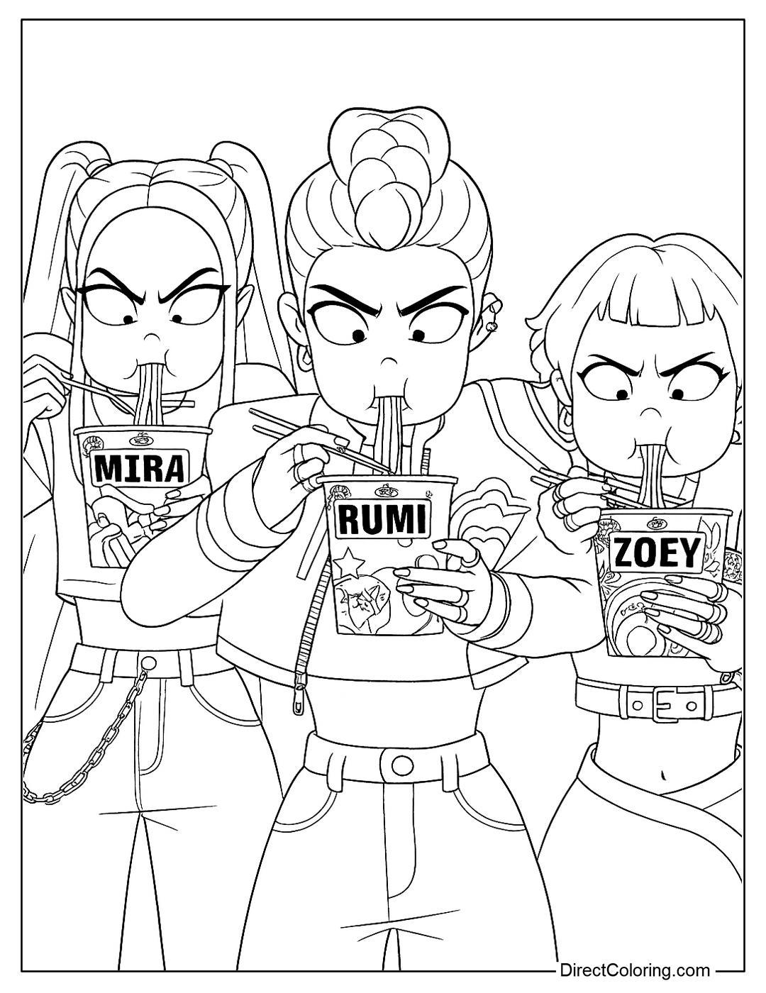 Rumi, Zoey, and Mira Enjoying Instant Noodles Coloring Page