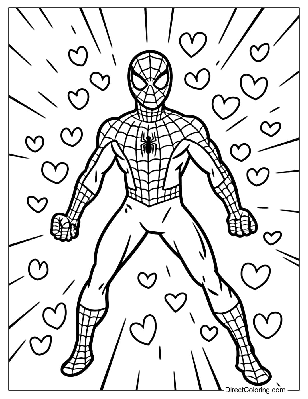 A coloring page of Spiderman standing with arms outstretched, surrounded by hearts gently falling from above.