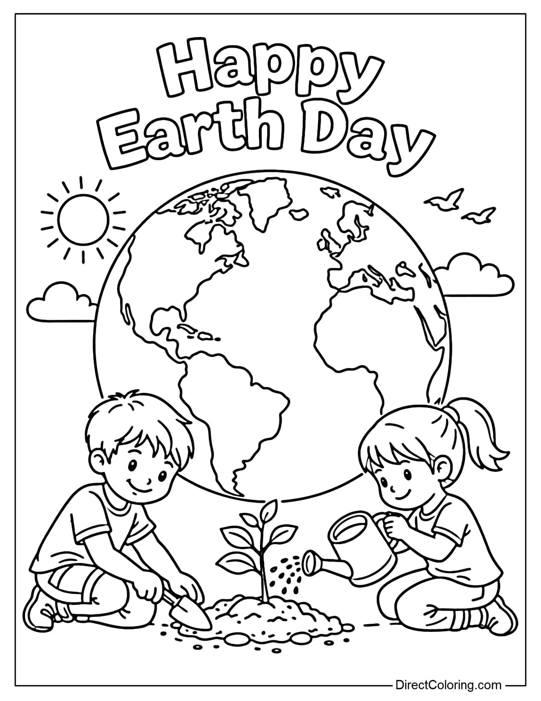 A coloring page featuring a large Earth with the words 
