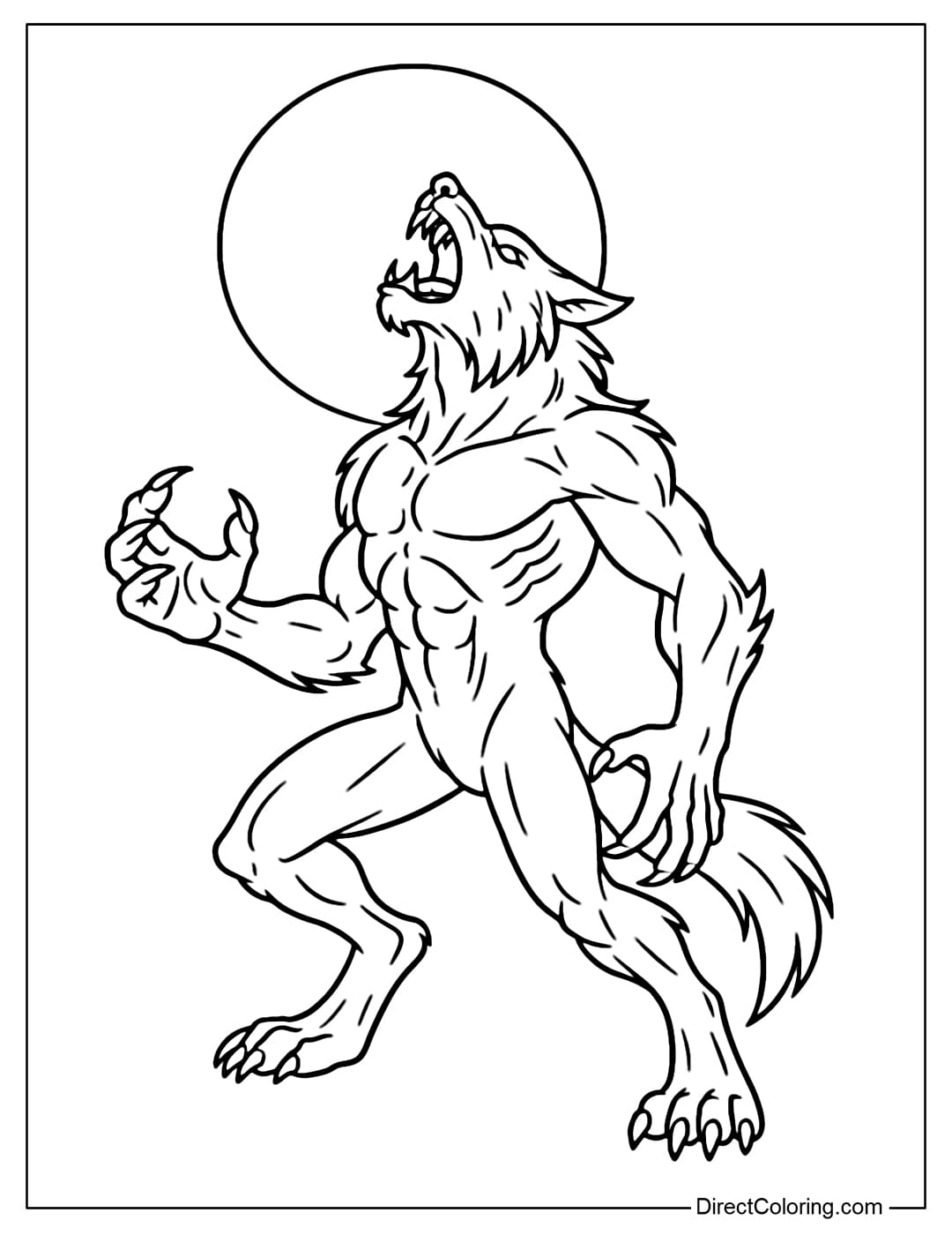 Coloring page of a man turning into a wolf, his body twisted, his claws growing, the full moon shining behind him.