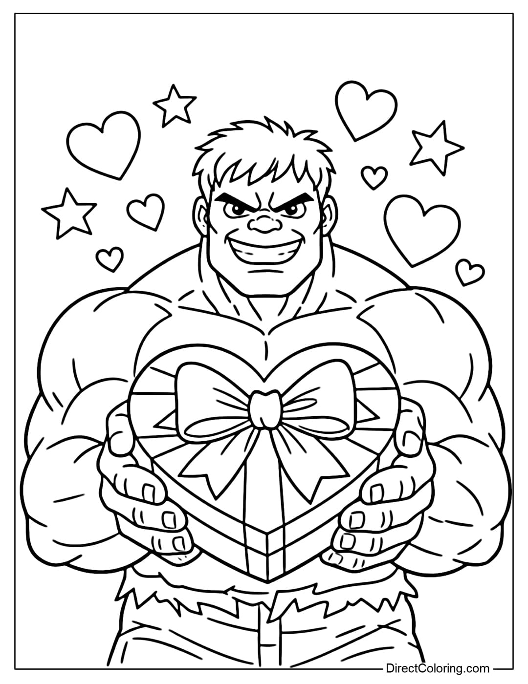 A coloring page of Hulk holding a Valentine's Day gift box with a large bow, surrounded by stars and hearts.