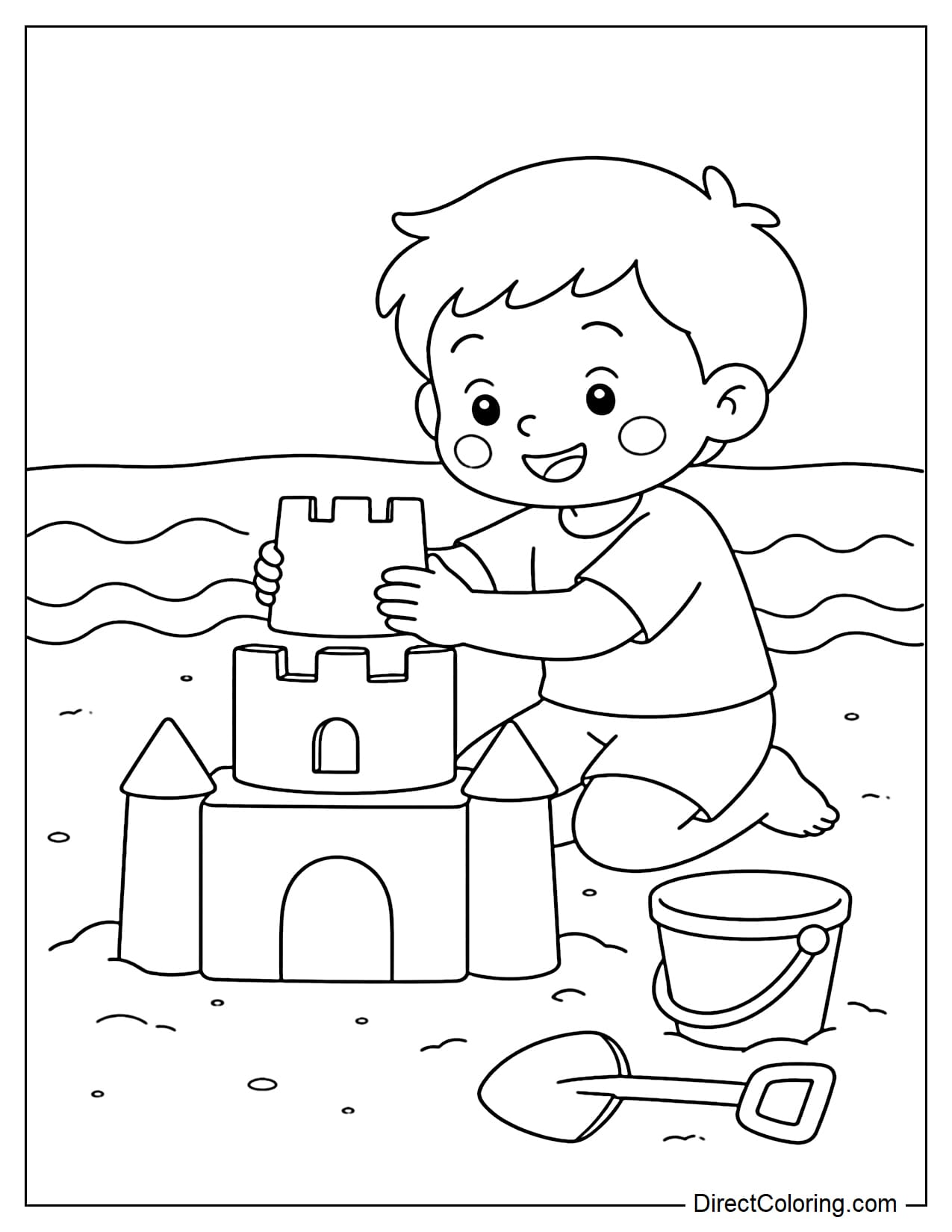 A boy is building a sandcastle with a bucket and shovel next to him, with a line of ocean waves behind him.