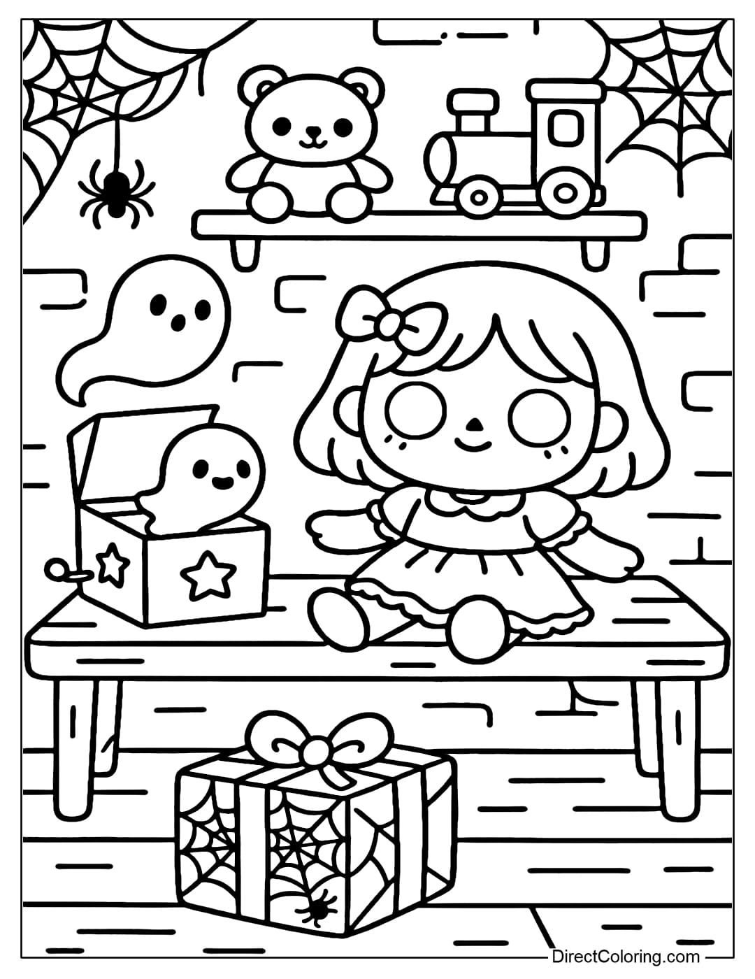 A haunted toy workshop coloring page, where dolls have ghost eyes, music boxes open and little souls fly out, and presents are wrapped in spider web paper.