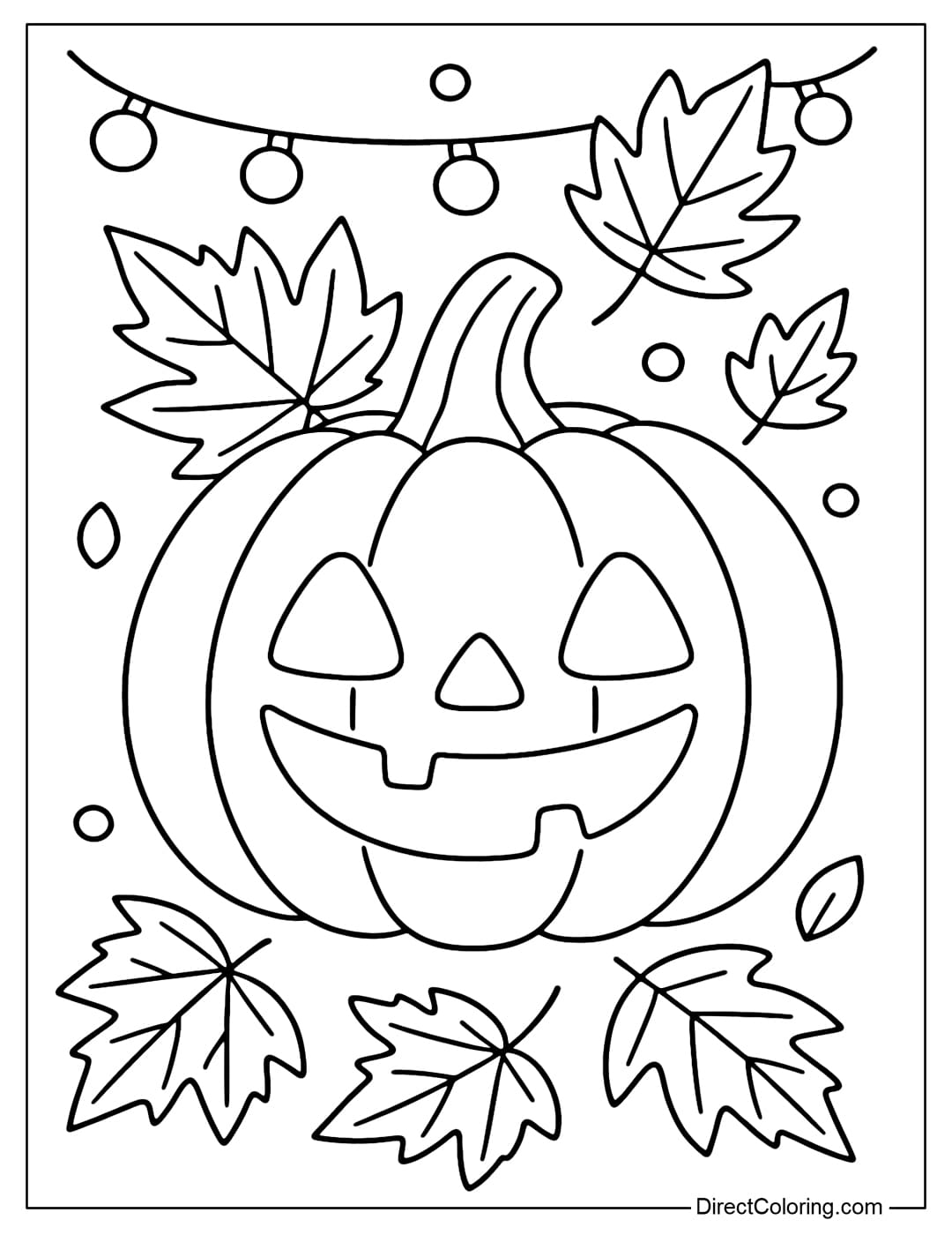 Pumpkin Lantern Coloring Page A cute pumpkin coloring page with a smiley face, surrounded by yellow leaves and small lights.
