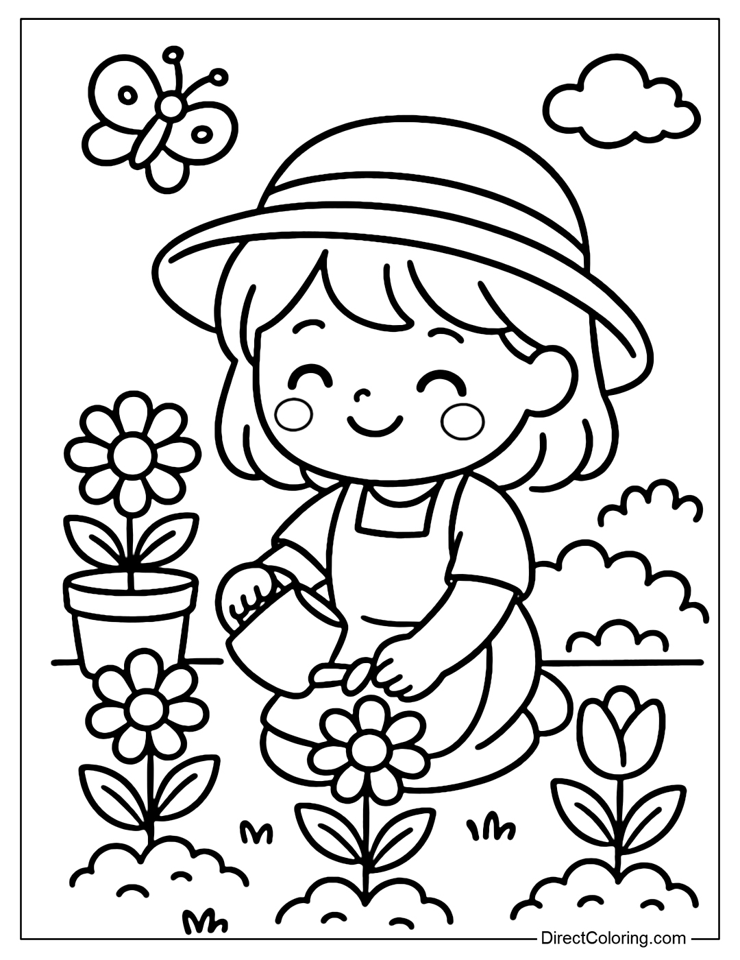 Coloring page of a little girl tending flowers in a small garden, with a happy smile on her face.