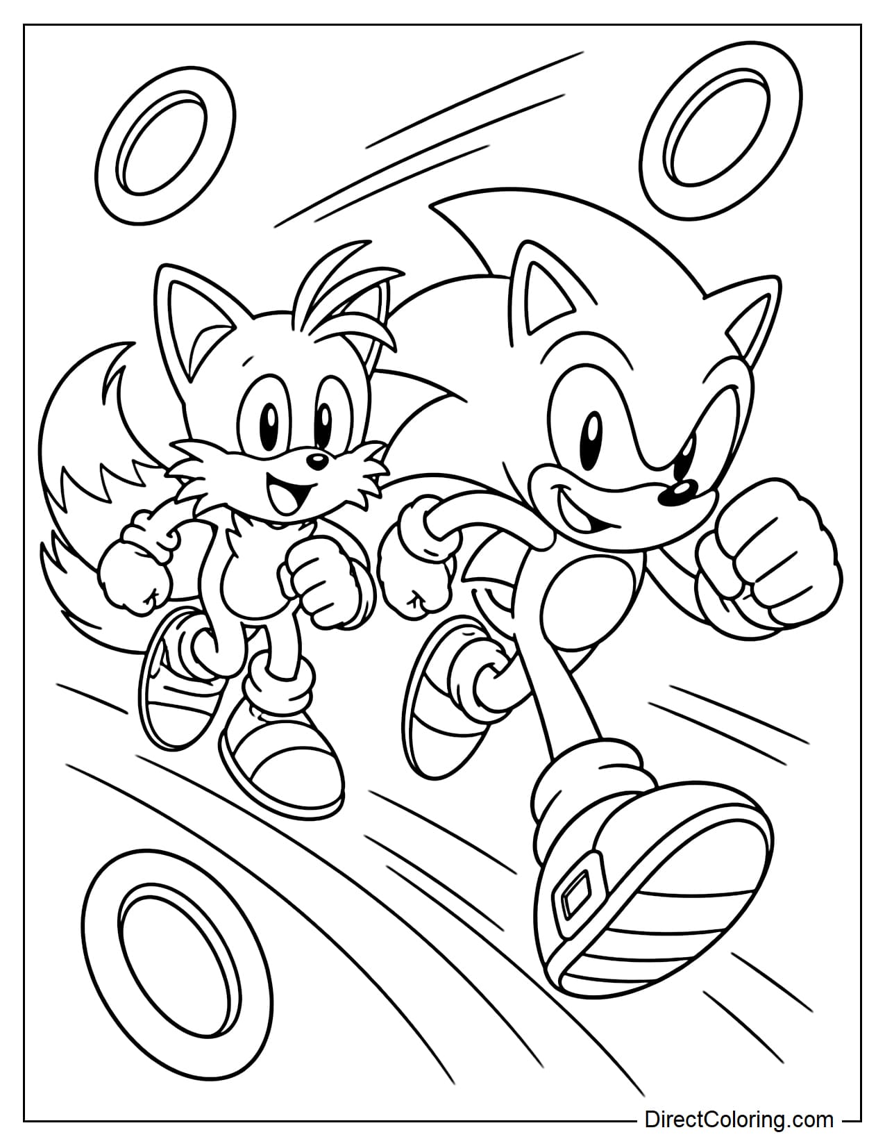 Sonic and Tails are running forward together, surrounded by large gold rings.