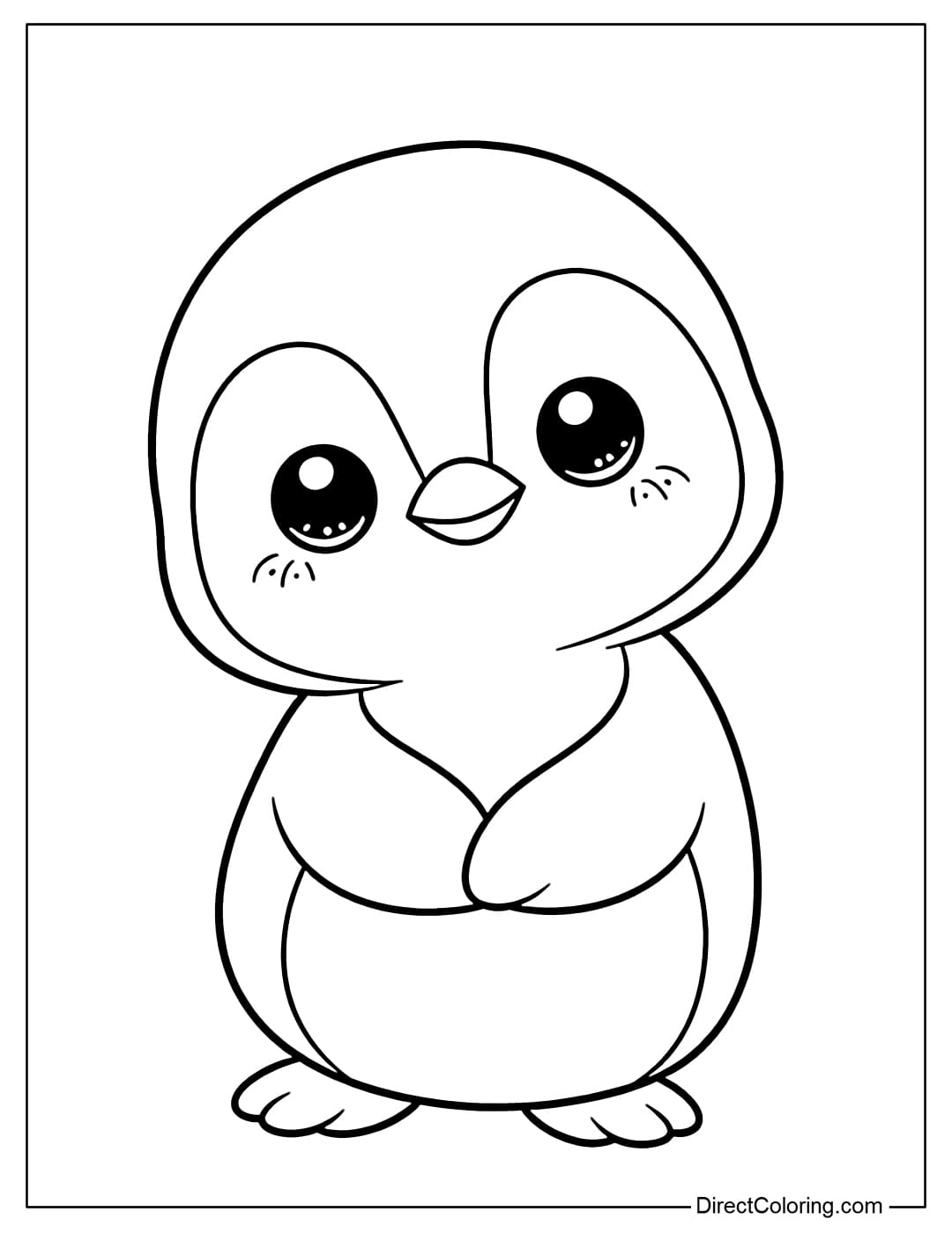 A coloring page of a baby penguin, standing slightly tilted, with its wings folded in front of its belly, displaying an adorable expression.