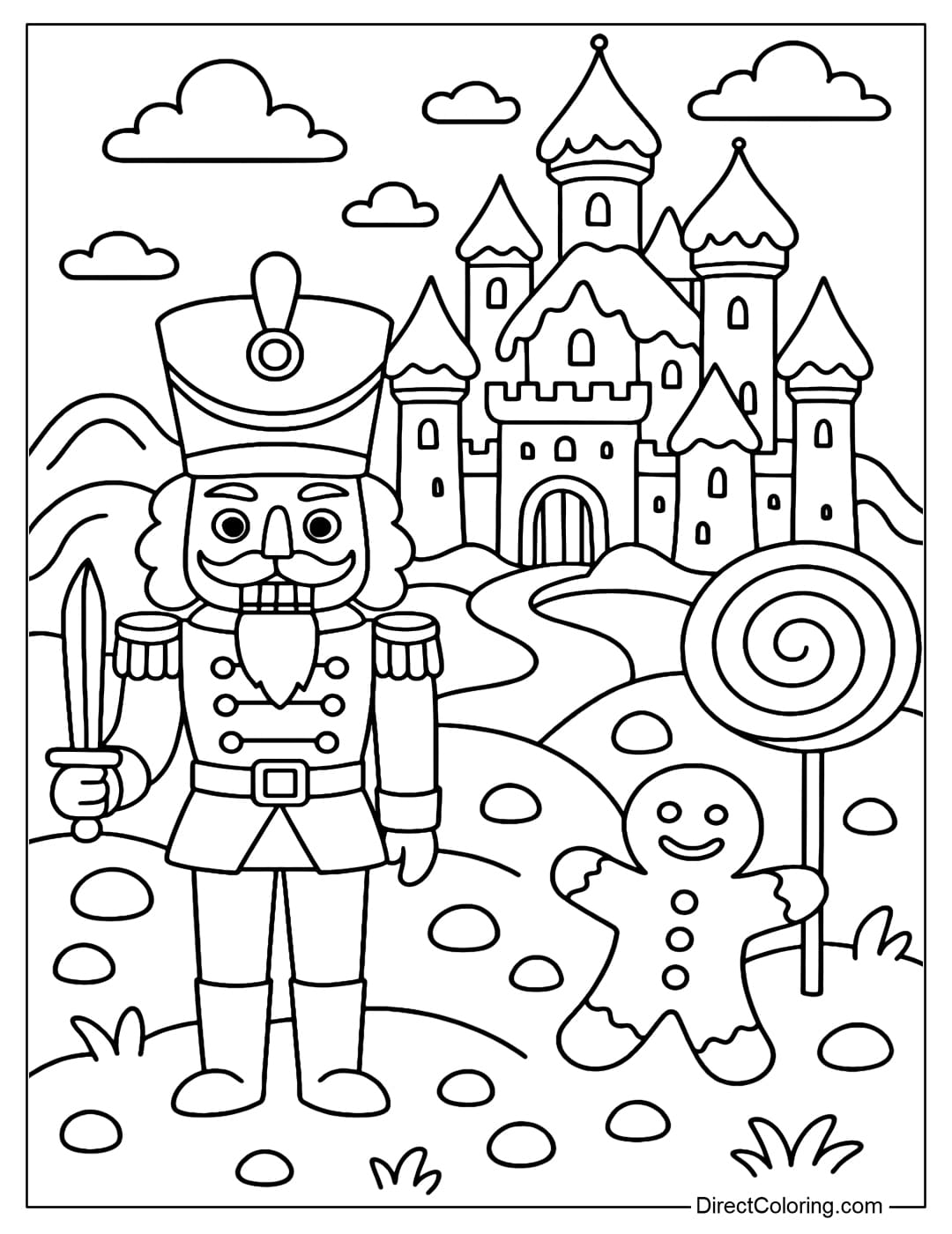 Coloring page of a Nutcracker lost in the candy kingdom with giant lollipops, gingerbread cookies, and a sugar castle.