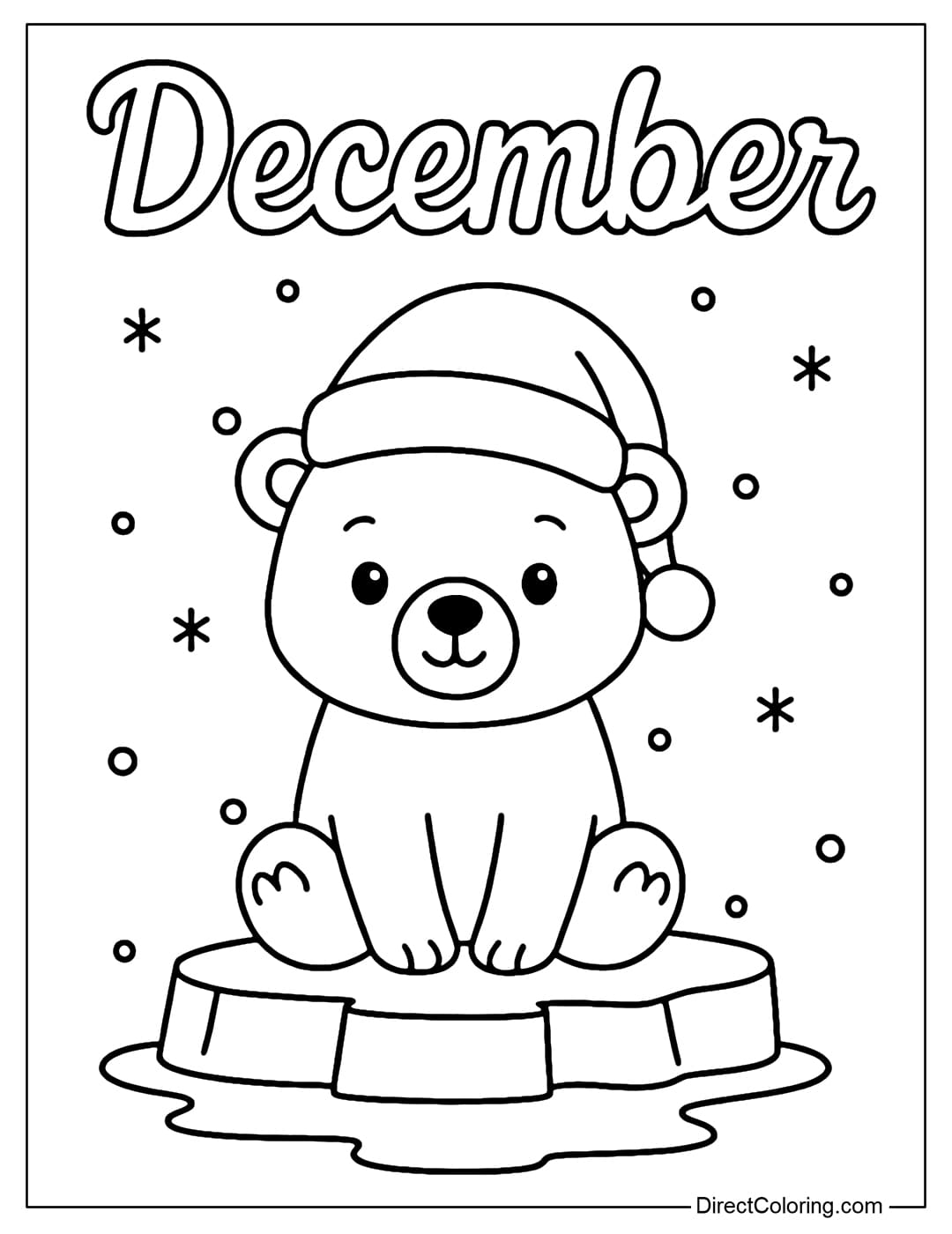 A baby white bear coloring page sitting on the ice, wearing a Santa hat, with the word December behind it.