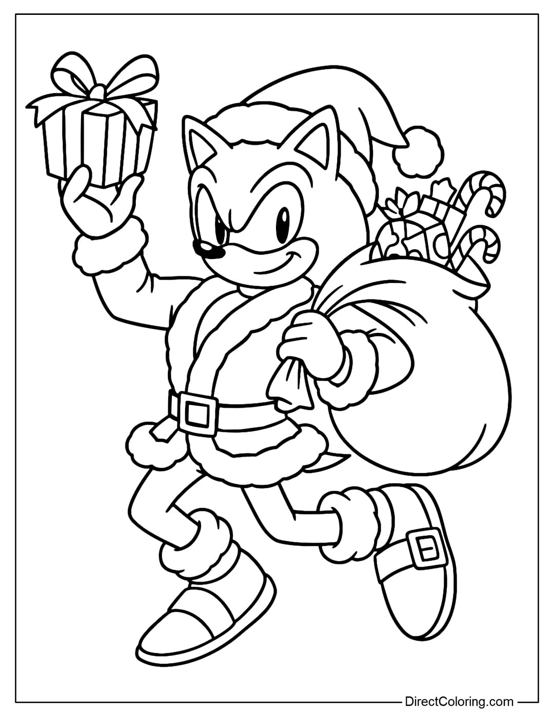 Coloring page of Sonic dressed as Santa, carrying a big sack of presents and holding up a wrapped gift.