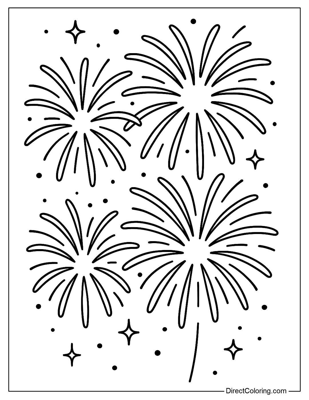 A coloring page of many bursting fireworks, with simple rays and dots around them