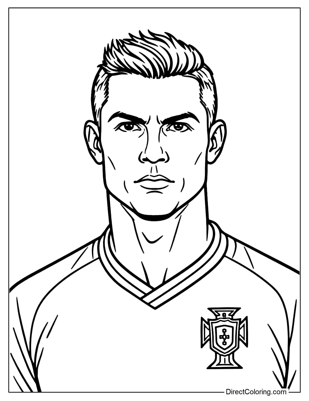 A coloring page of Cristiano Ronaldo with a serious expression and focused eyes.