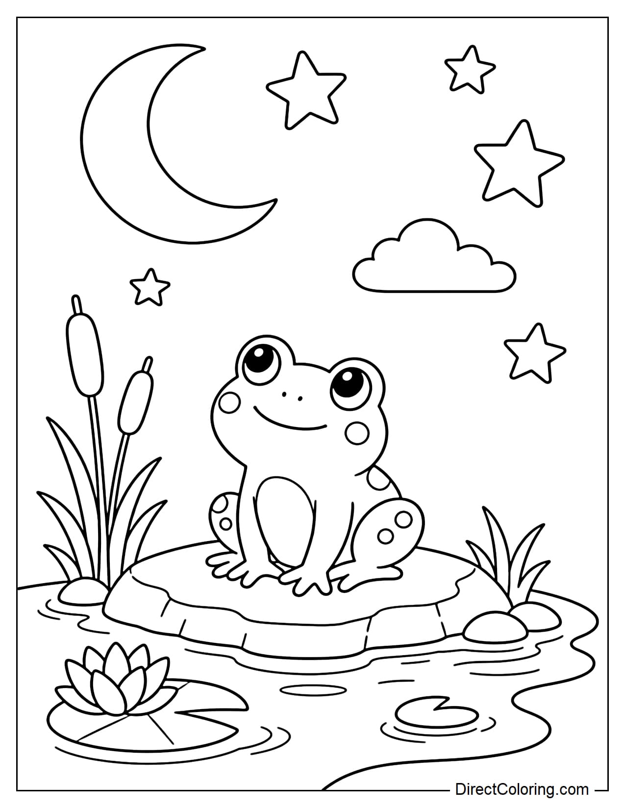 A frog is sitting on a rock by the pond and looking up at the night sky, with a crescent moon, some large stars, and a small cloud above.