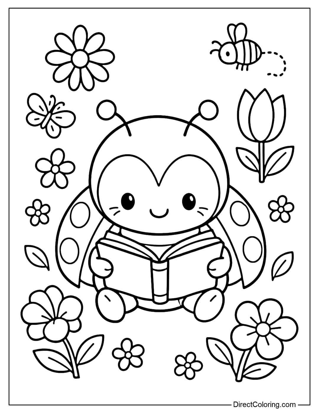 A coloring page featuring a cute ladybug sitting and reading, surrounded by spring flowers.