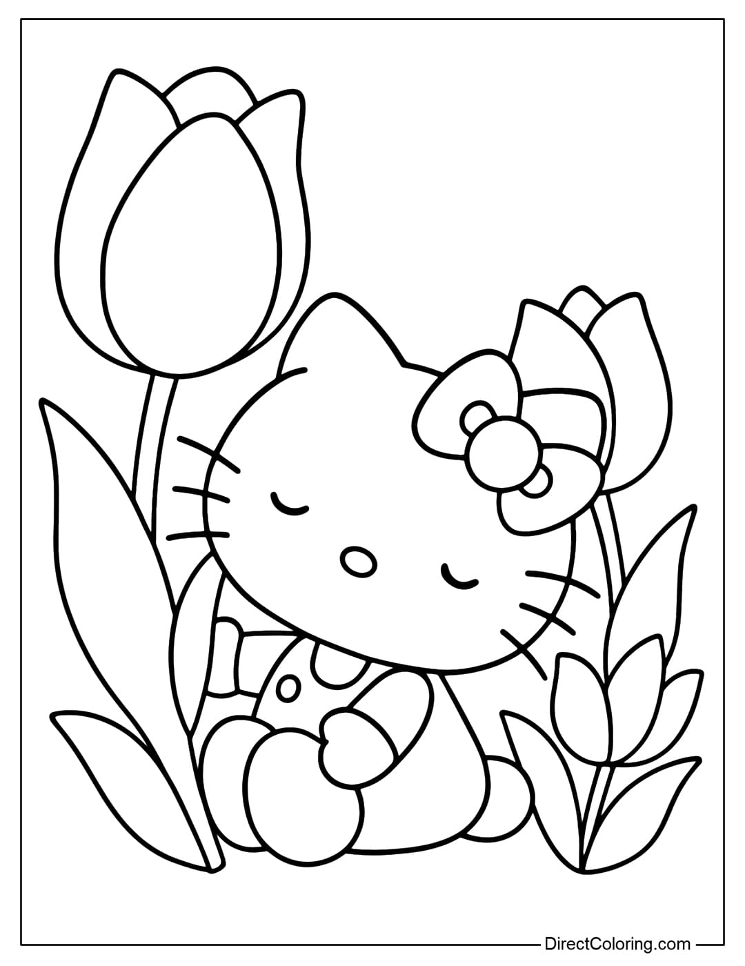 Hello Kitty coloring page sitting in the middle of a tulip garden.