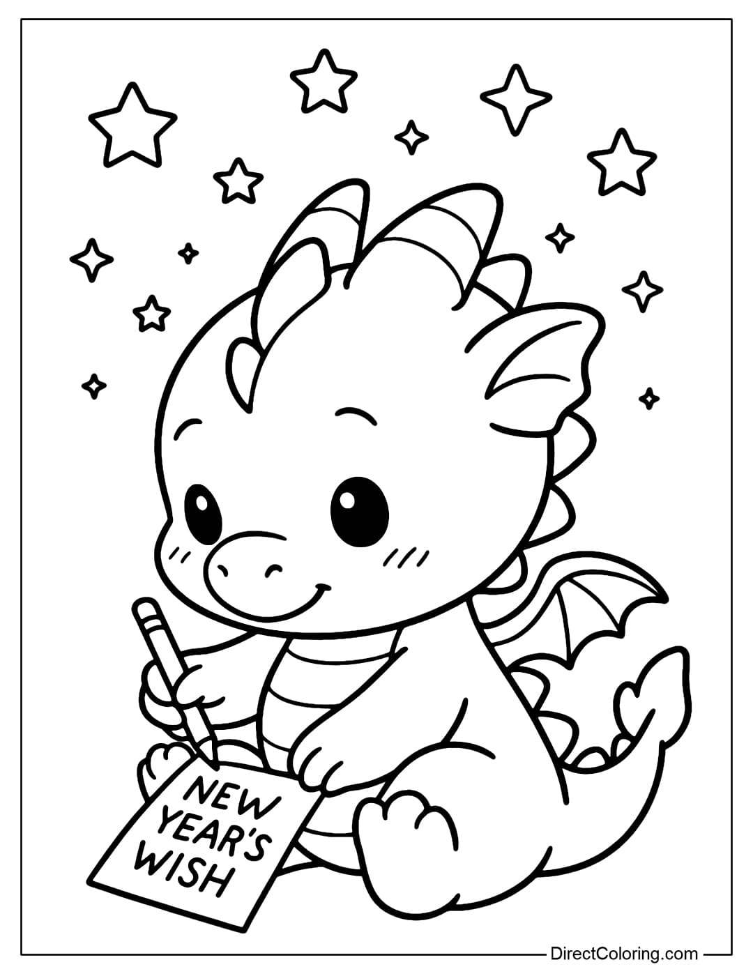 A coloring page of a chibi baby dragon writing New Year wishes under the bright stars.