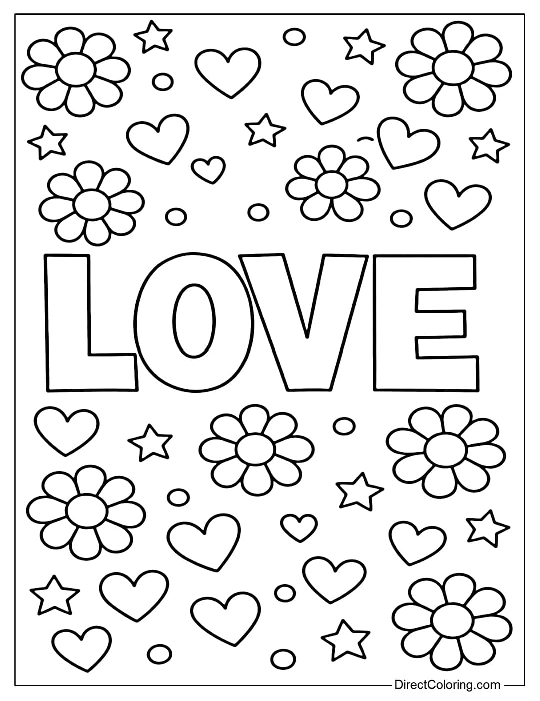 A coloring page for the word LOVE, with a cluster of heart-shaped balloons tied with strings above it.