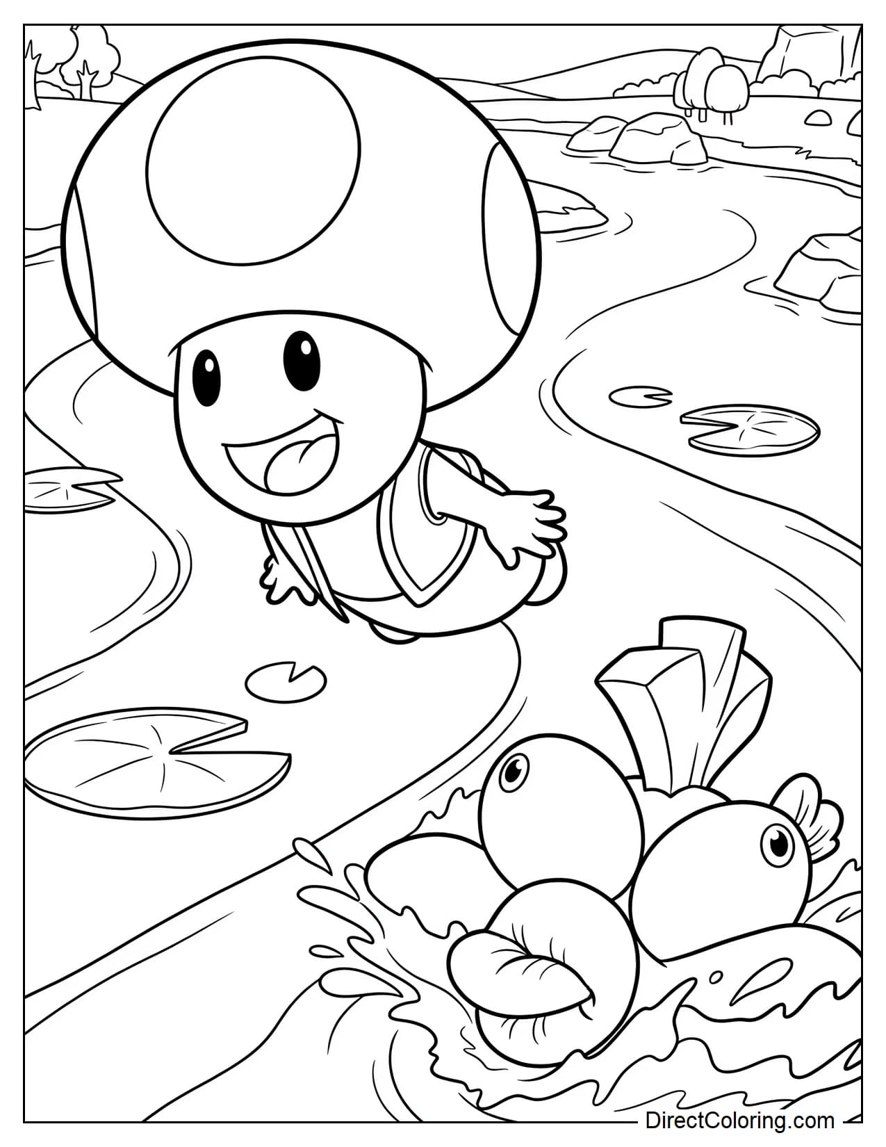 Toad excitedly glides across a lake filled with lily pads while a giant Cheep Cheep chases him from behind, leaping out of the water.