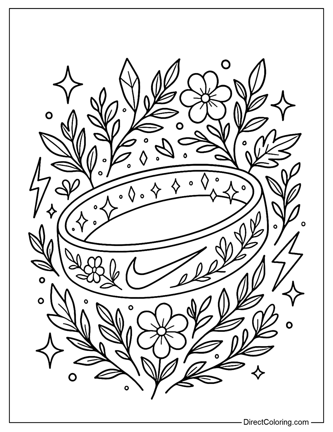 A Nike sports headband coloring page with motifs like magic rings, flowers, mini lightning bolts and glowing crystals around the edge.