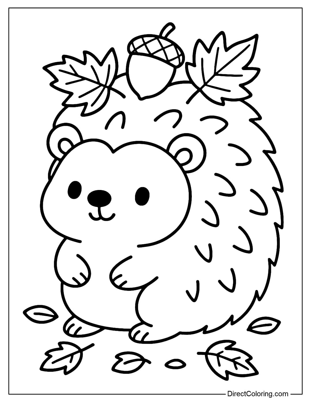 Hedgehog Gathering Coloring Page Coloring page of a baby hedgehog, carrying a few leaves and acorns on its back, with small yellow leaves scattered underneath.