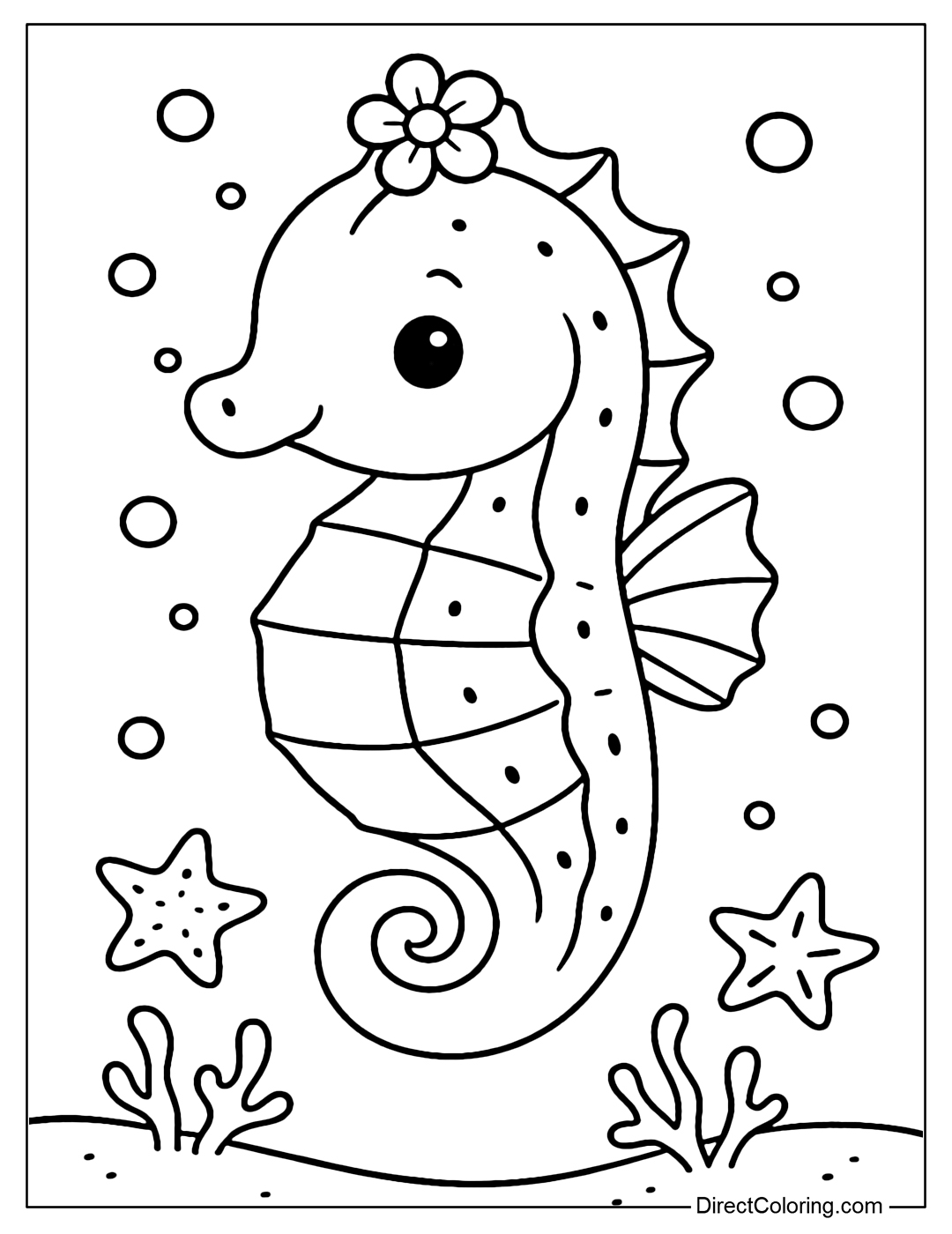 Starfruit seahorse coloring page. The small seahorse has a starfruit-shaped body, a curled tail and small flowers on the top of its head.