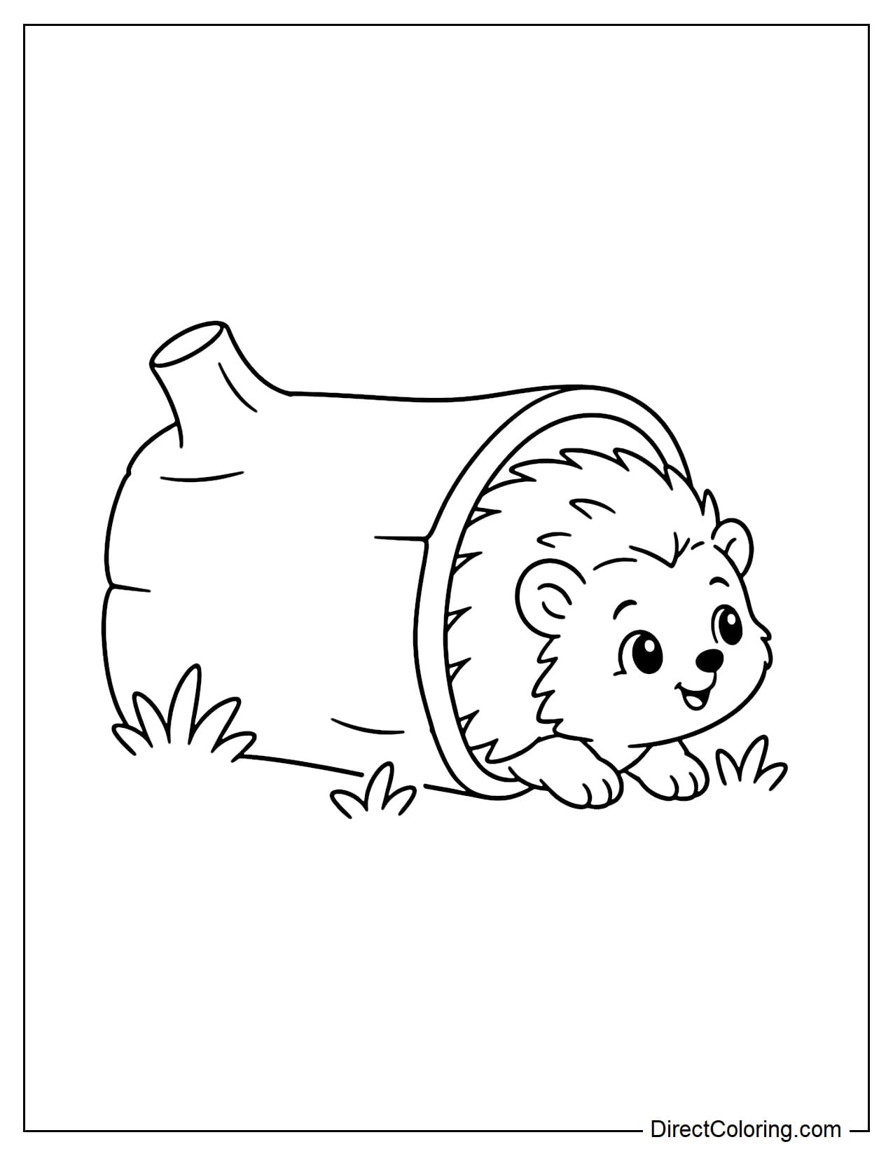 A little hedgehog crawling through a hollow log, with its face and two front paws emerging from the other end with a cute, curious expression.