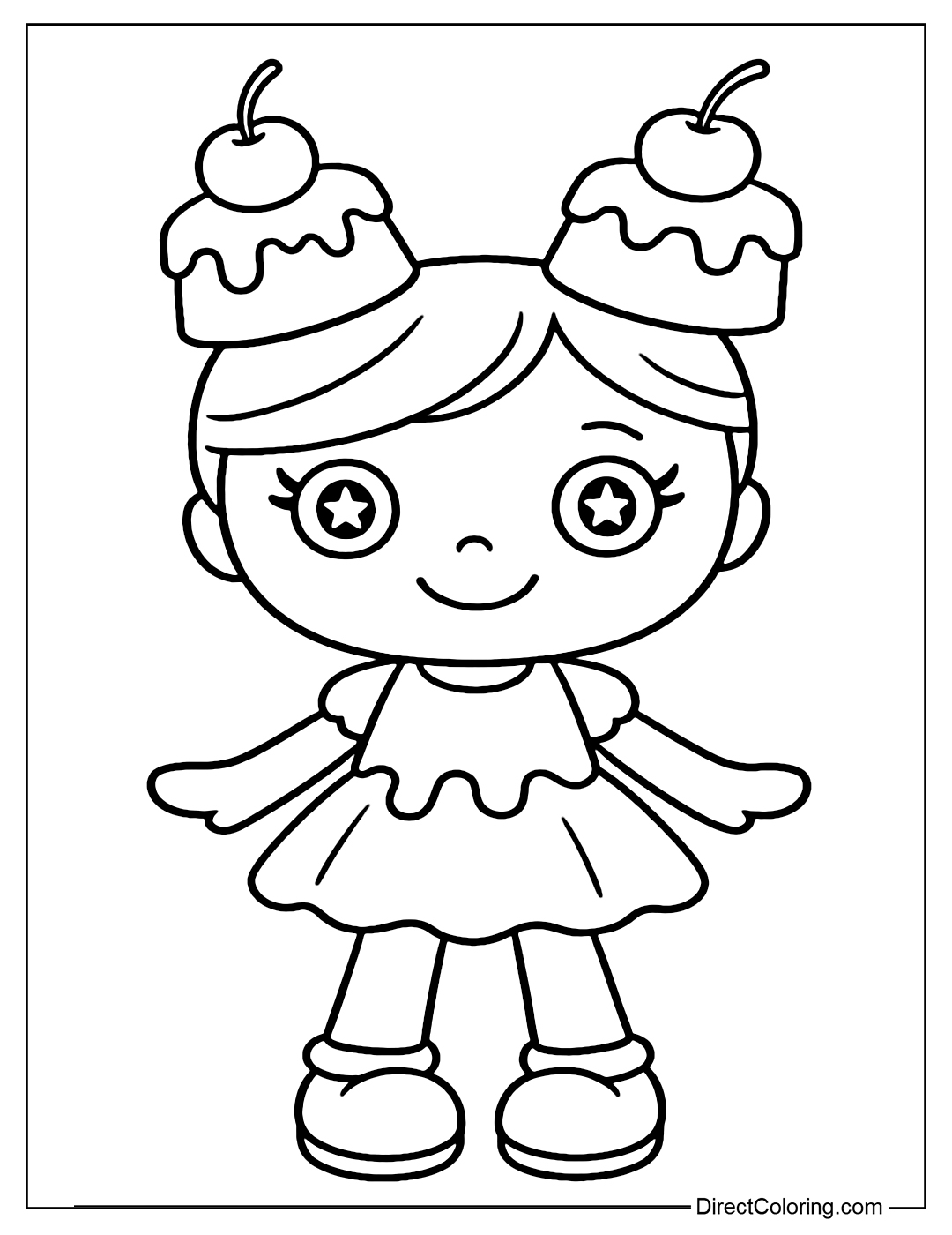 The Polly doll coloring page has hair in the shape of 2 round pudding cups on her head, each cup has a large cherry clearly visible. Her Dress Has a Melted Ice Cream Pattern