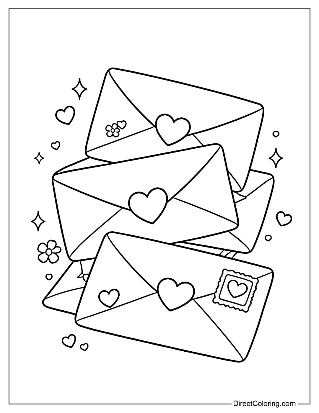 A coloring page of gently stacked love letter envelopes, each with a heart.