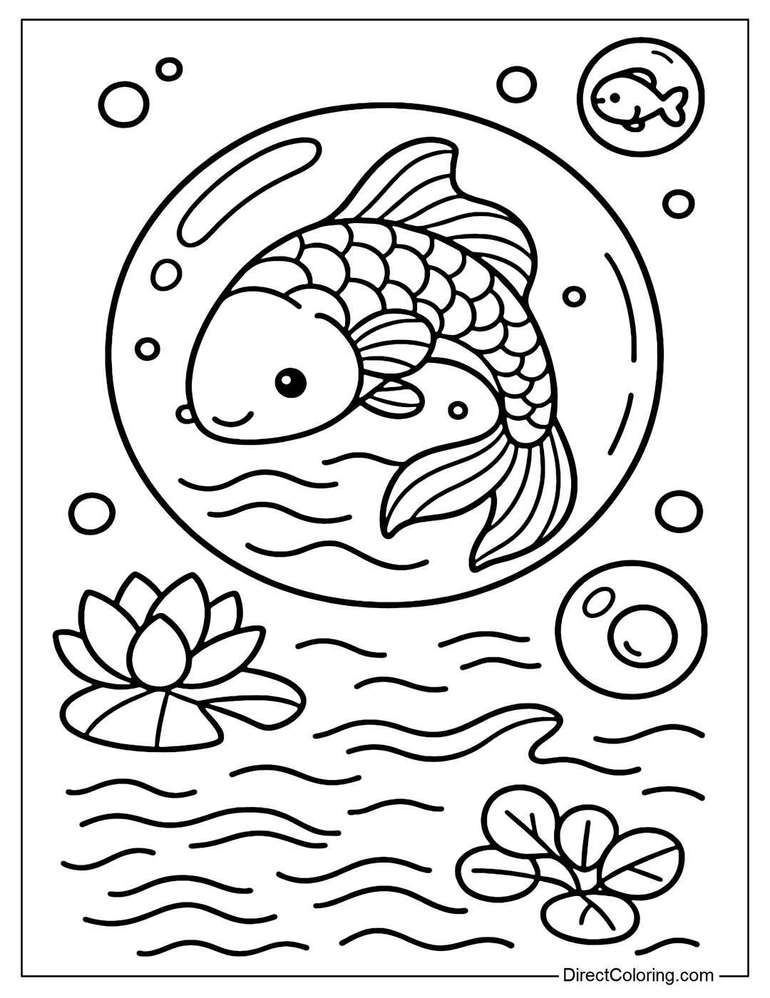 A large soap bubble coloring page containing a koi fish undulating in the water. Outside the bubble are lotus flowers and small waves. Small bubbles contain mini fish, pearls and duckweed leaves.