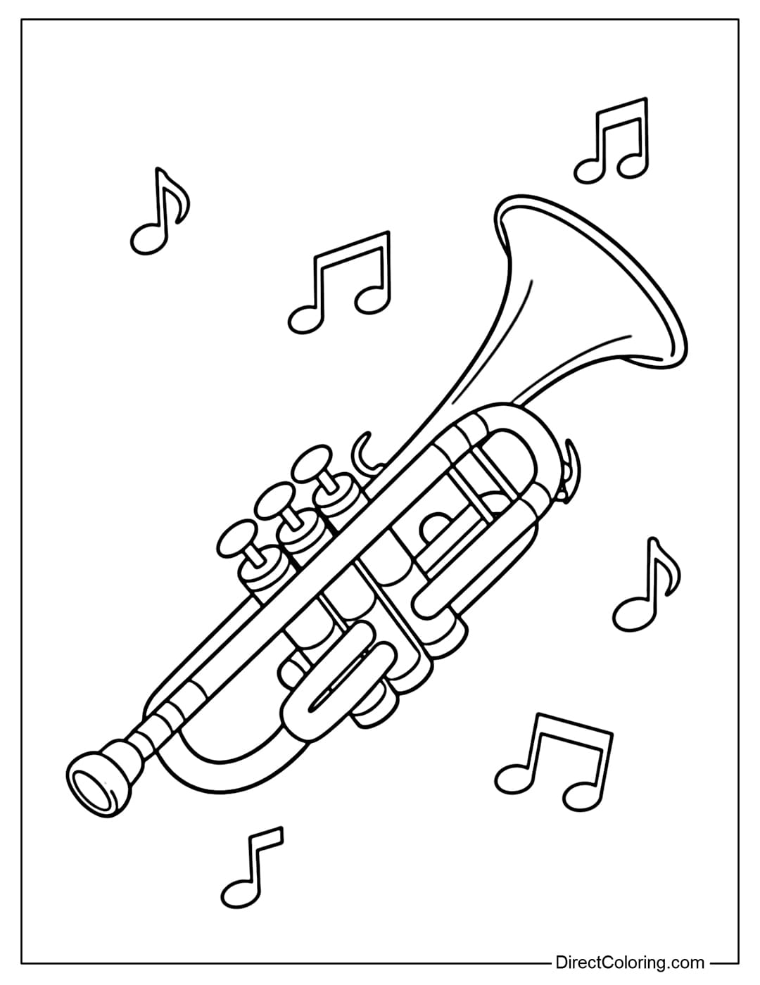 Coloring page of a large trumpet positioned diagonally, with a large button and several musical notes around it.