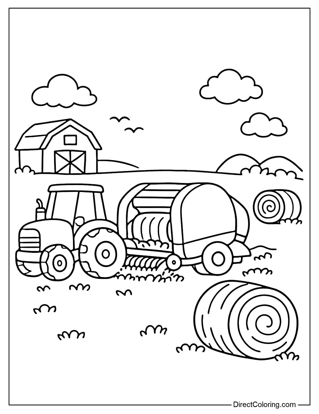 Coloring page of a straw baler machine that creates large, round bales with a simple, easy-to-color design.