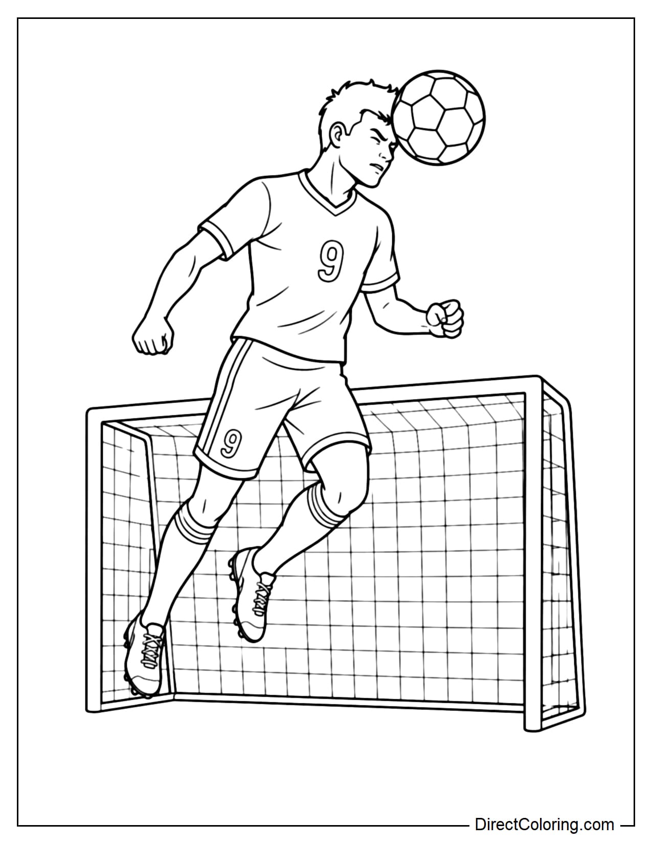 A player jumps high to head the ball into the net with the ball in front of his forehead and the goal behind him.
