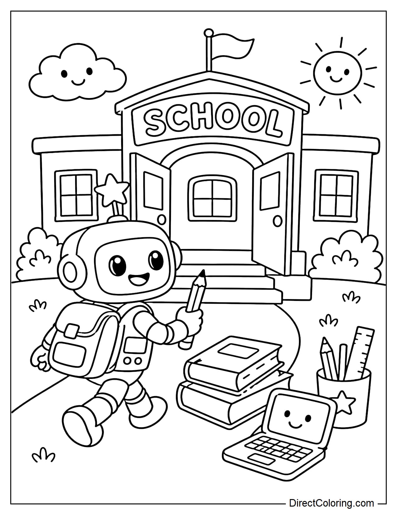 An adorable little robot wearing a backpack, holding a pencil, walks into school, with a star-shaped antenna on its head, and books and a mini calculator beside it.