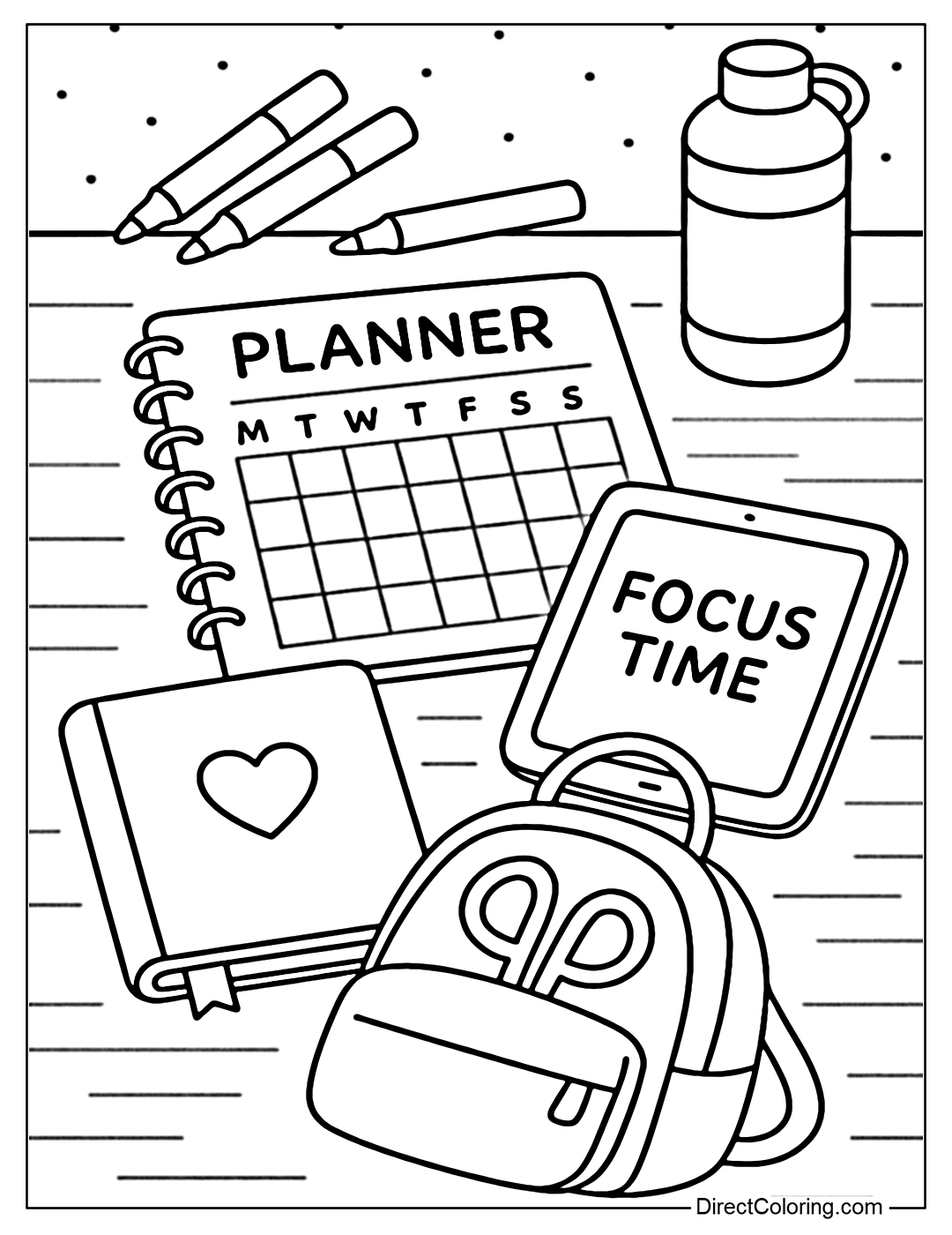 A coloring page with a top view: planner, pastel pencils, notebook, headphones, water bottle, and a tablet with a Focus Time screen.