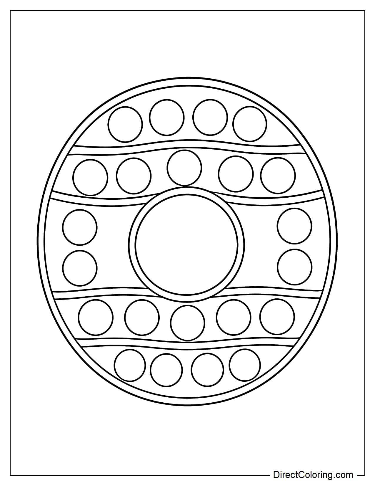 A round donut-shaped pop it with a hole in the center, and round bubbles evenly distributed around the donut's body.