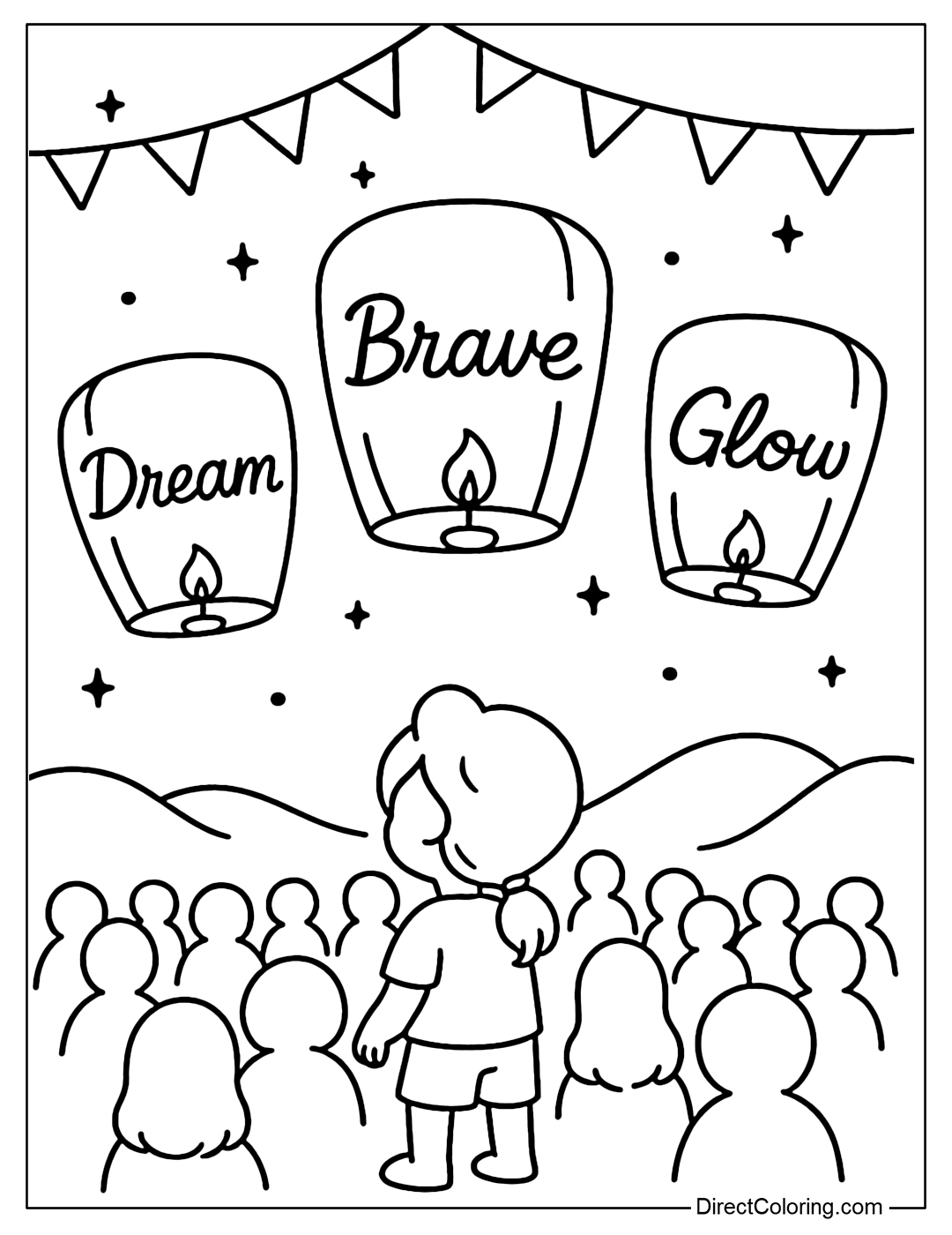 Coloring page of a lantern festival scene with encouraging words written on each one: Dream, Brave, Glow.