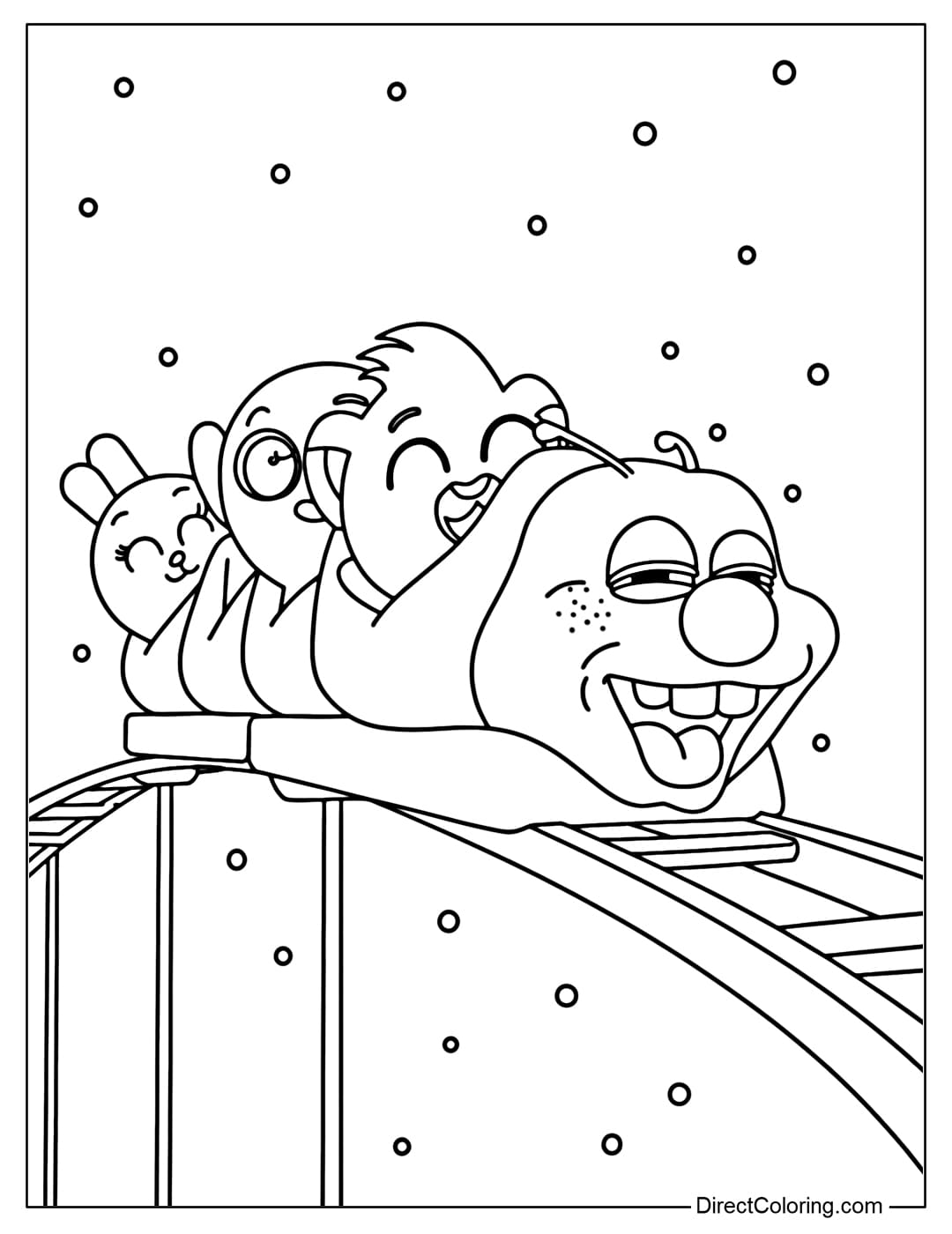 Coloring page of Bolofofos cartoon characters playing roller coaster at night.