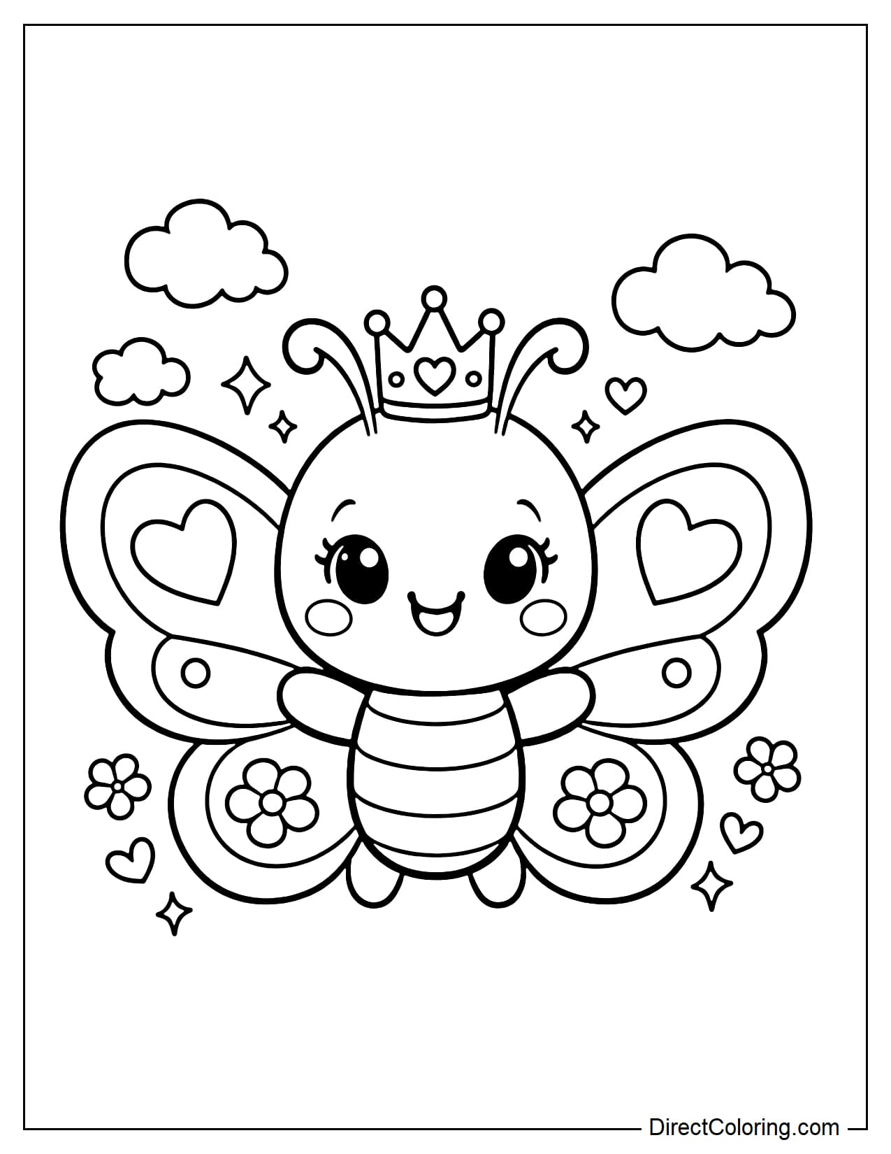 A butterfly wearing a small crown, with a cheerful expression.