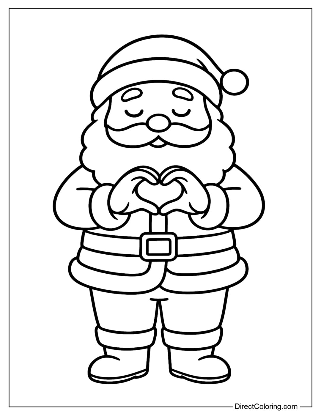 Santa Making Heart Hands Coloring Page Santa coloring page standing in the middle of the frame, two hands raised to form a heart shape in front of the chest.