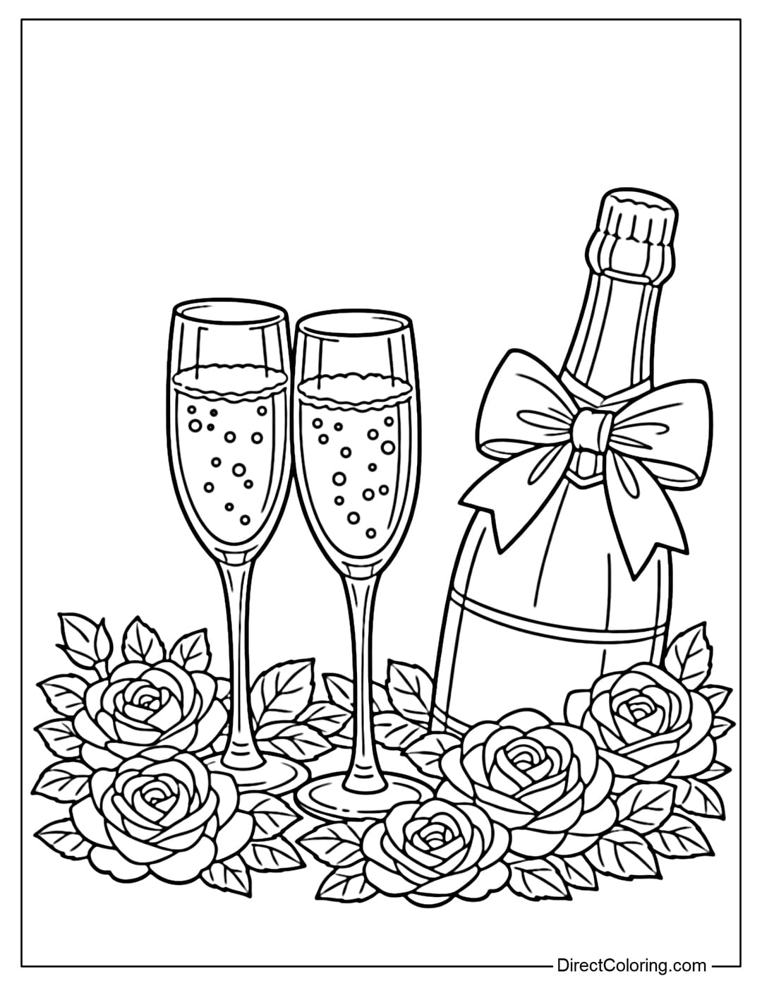 Coloring page of two champagne glasses placed on a rose background, next to a champagne bottle with a bow.