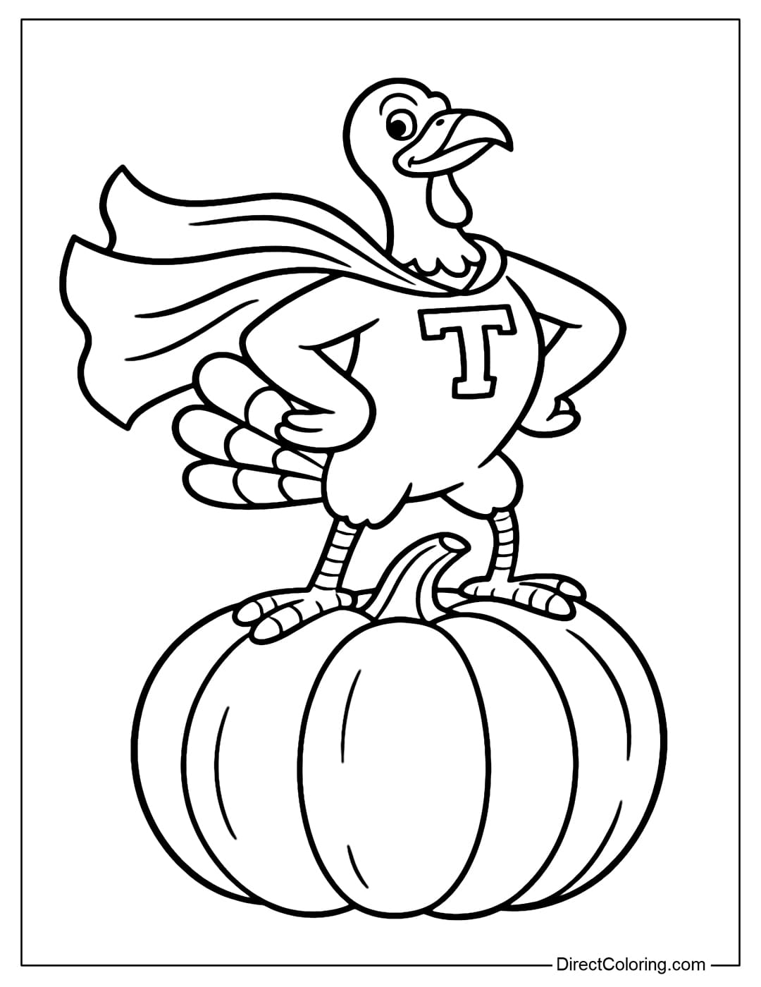 A turkey coloring page wearing a fluttering cape, with a T printed on its chest, standing heroically on a giant pumpkin.