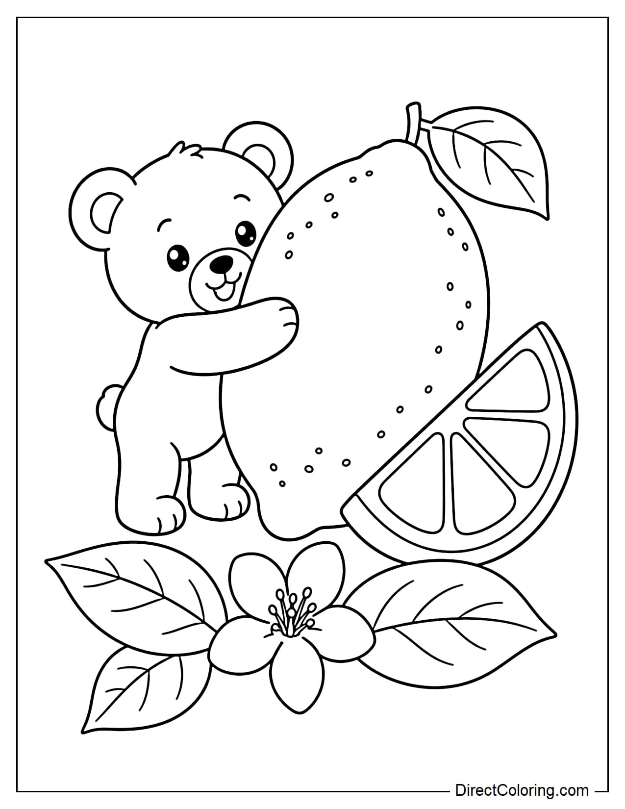 A cute little bear hugging a giant lemon, next to a giant lemon wedge tilted to the side, with several large leaves and a lemon blossom underneath.
