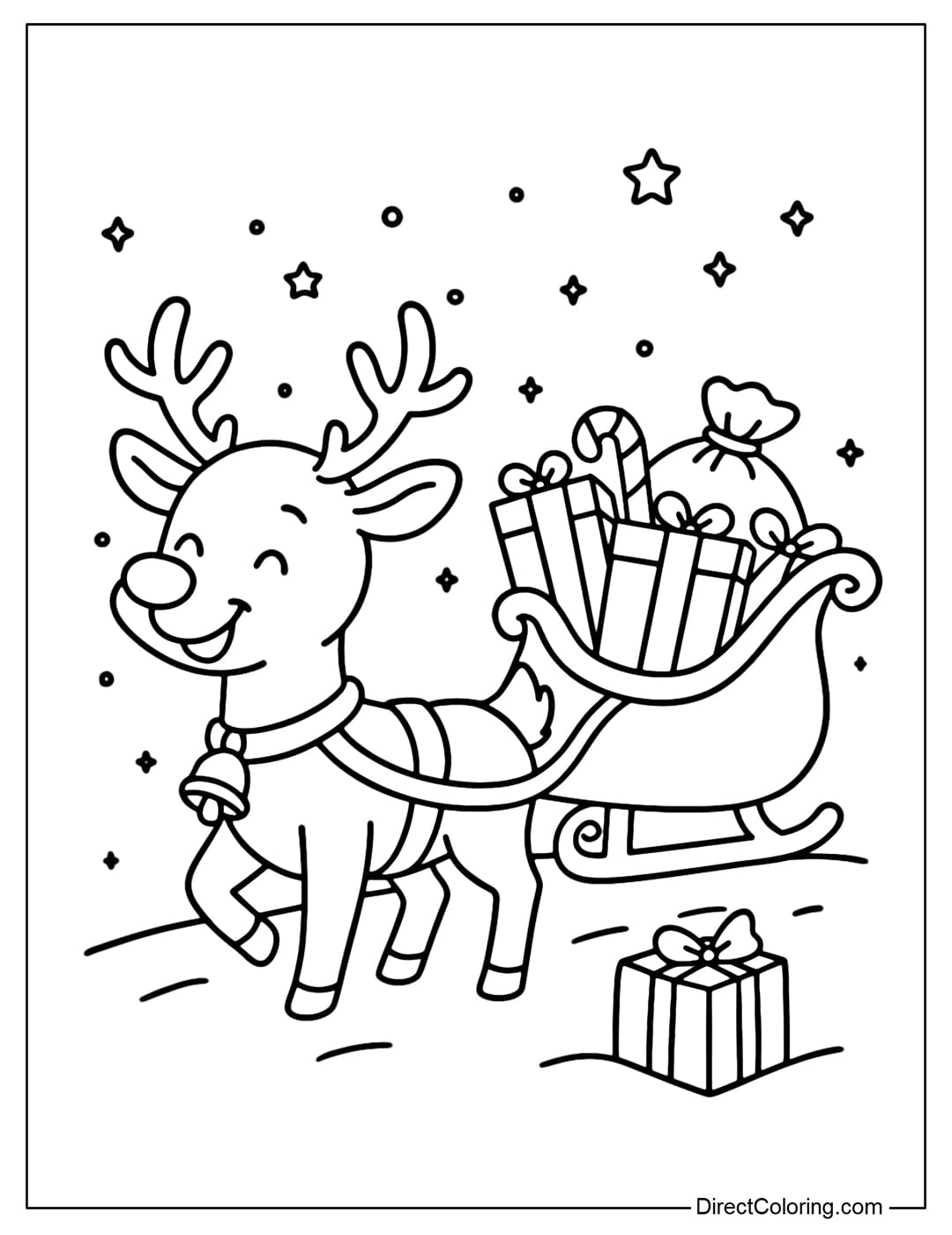 Reindeer with Santa Sleigh Coloring Page A coloring page of a reindeer tied to Santa's sleigh, full of gifts and candy bags.