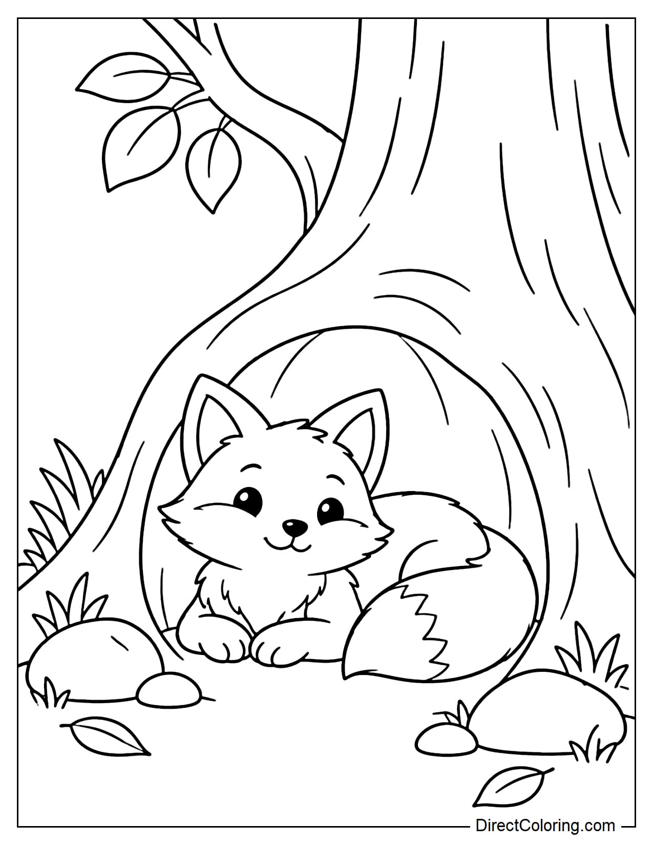 A fox rests comfortably inside the round entrance of a cozy den beneath a large tree, with a few rocks, leaves, and clusters of grass around the entrance.