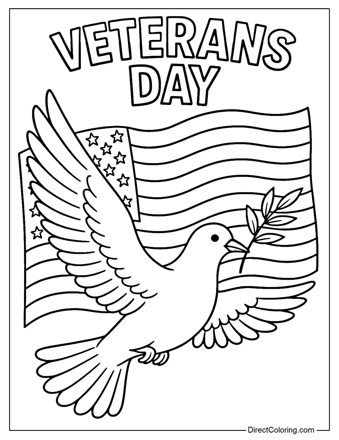 A white dove holding an olive branch, flying with the American flag symbolizing peace.