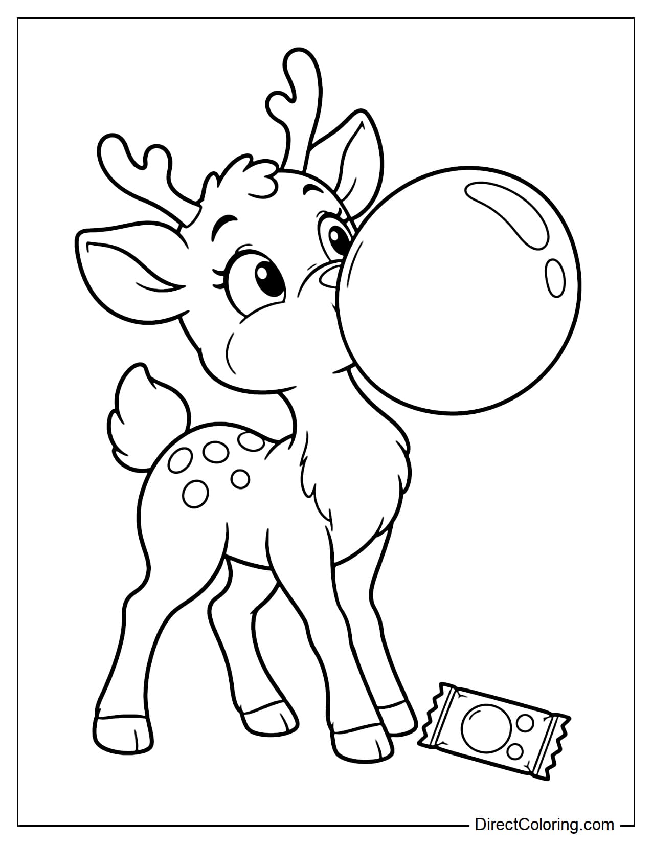 A deer blowing a giant bubblegum bubble, leaning its head slightly back with wide eyes and perked-up ears, with a small pack of bubble gum at its feet.