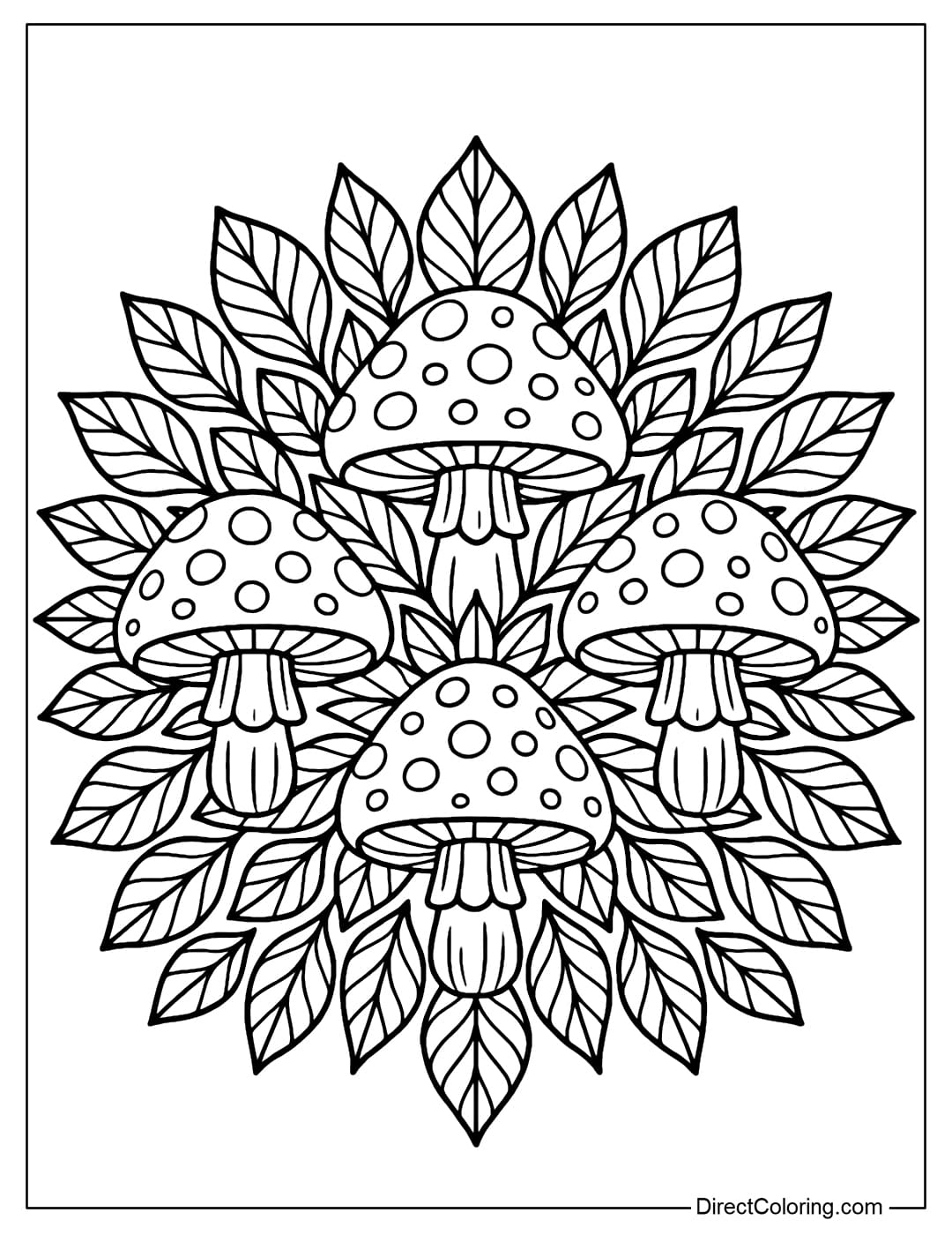 Mushroom Mandala Coloring Page A mandala coloring page made of clusters of mushrooms and leaves, creating a balanced circle.