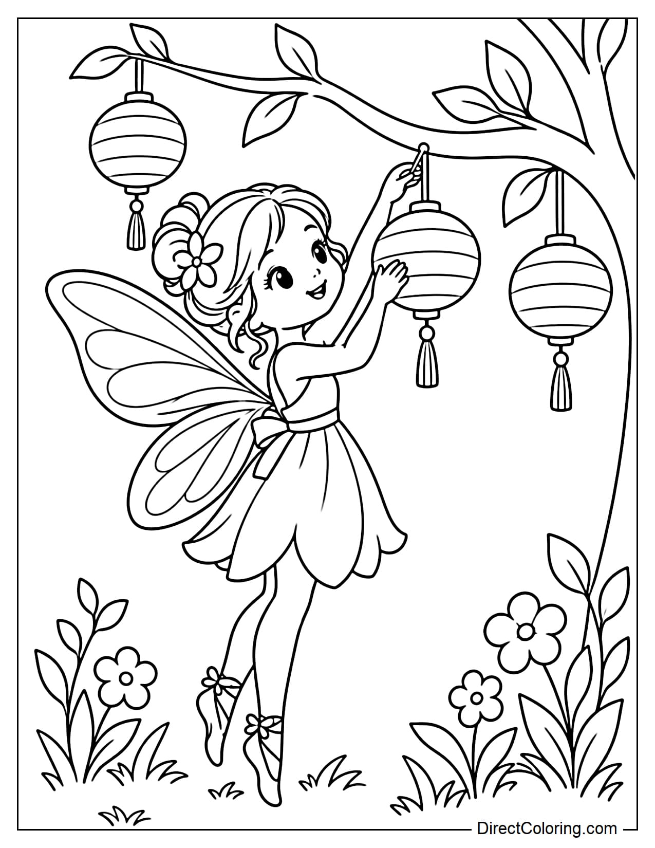 A fairy is standing on tiptoe while hanging small lanterns from a tree branch in an evening garden, with her wings gently spread behind her.