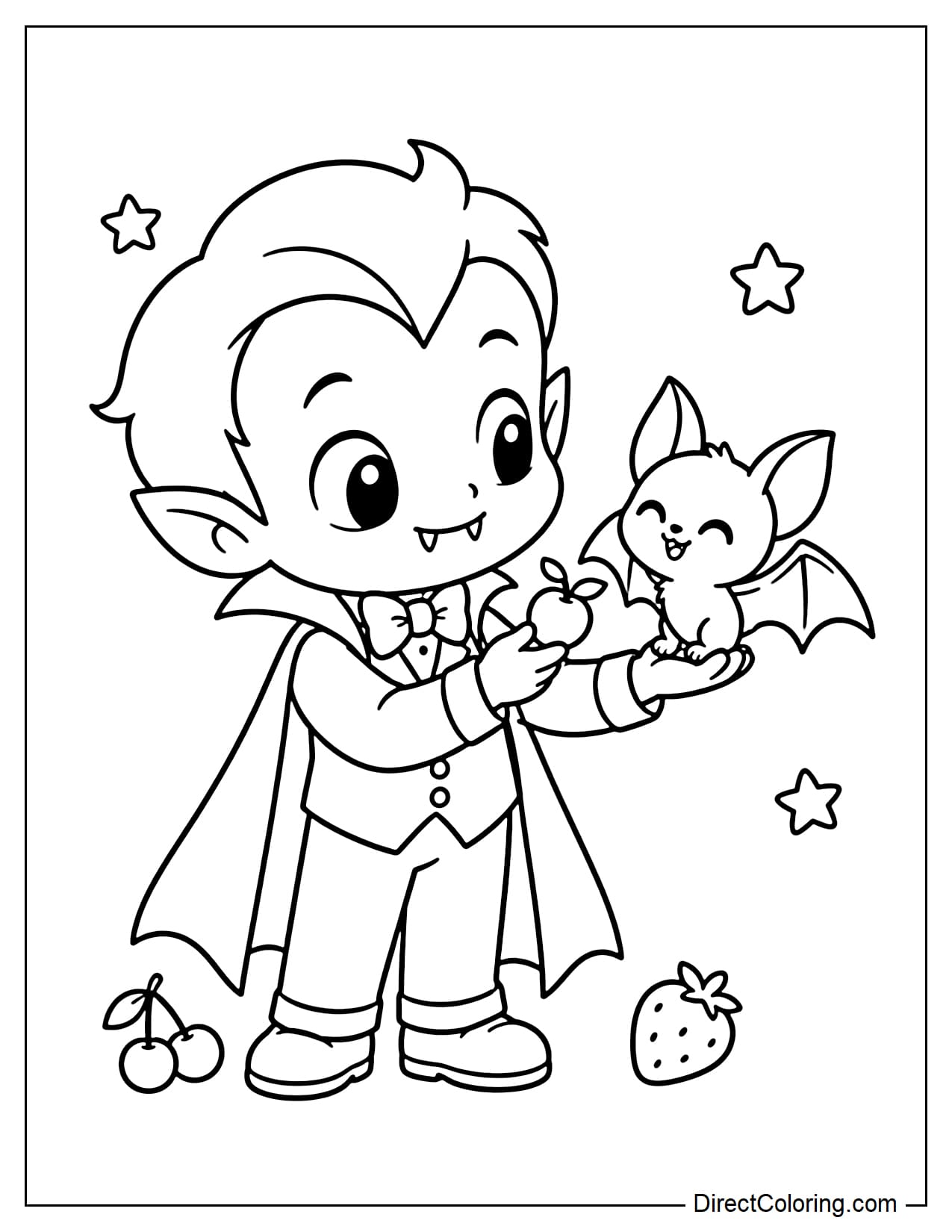 A little vampire is offering small pieces of fruit to a tiny pet bat perched on his hand, with a few pieces of fruit nearby.