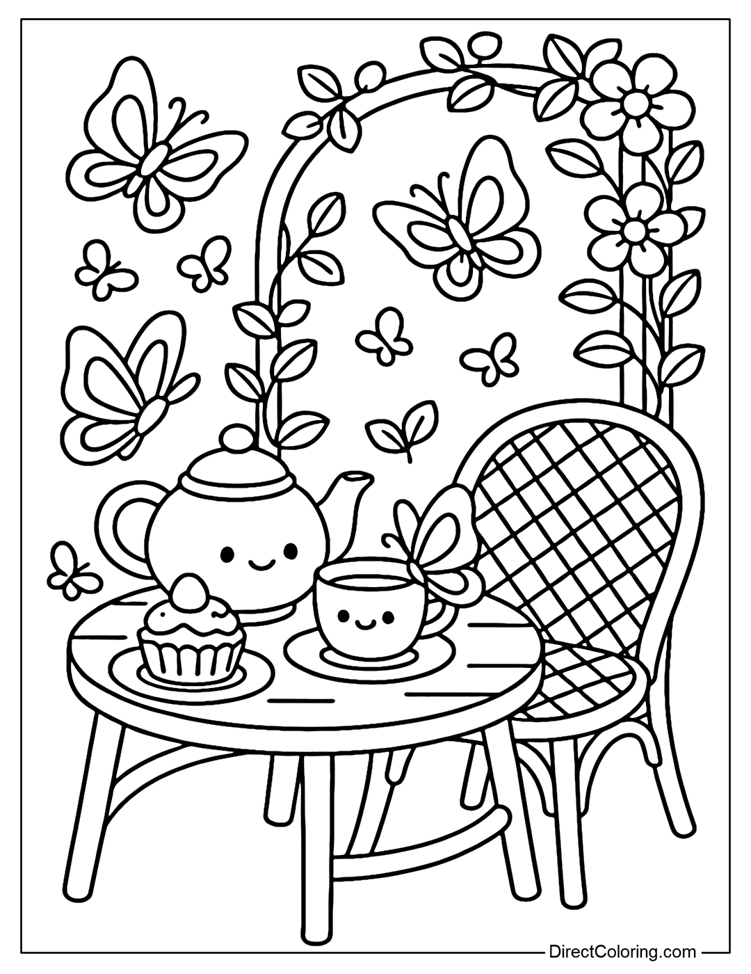 Outdoor tea table coloring page in the butterfly garden, lovely teapot and cake, butterflies perched around teacups, rattan chairs and climbing flowers